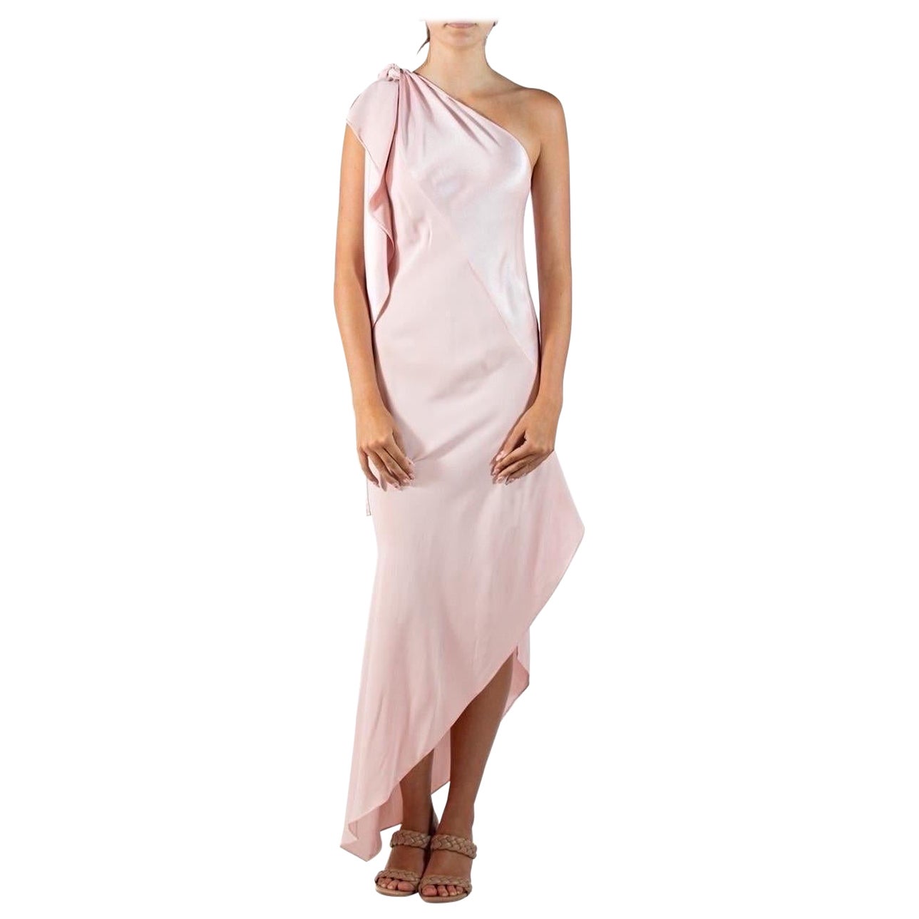 1970S Halston Blush Pink Bias Cut Silk Crepe Back Satin Iconic One Shoulder Gown For Sale