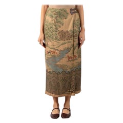 Retro 1990S Ralph Lauren Earth-Tone Rayon Blend Twill Scenic Print Skirt
