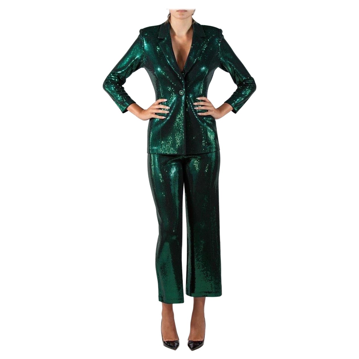 1990S St John Emerald Green & Black Rayon Blend Knit Pant Suit For Sale