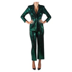 Used 1990S St John Emerald Green & Black Rayon Blend Knit Pant Suit