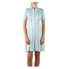 1960S Aqua Blue Status Print Cotton Blend Jersey Shirt Dress