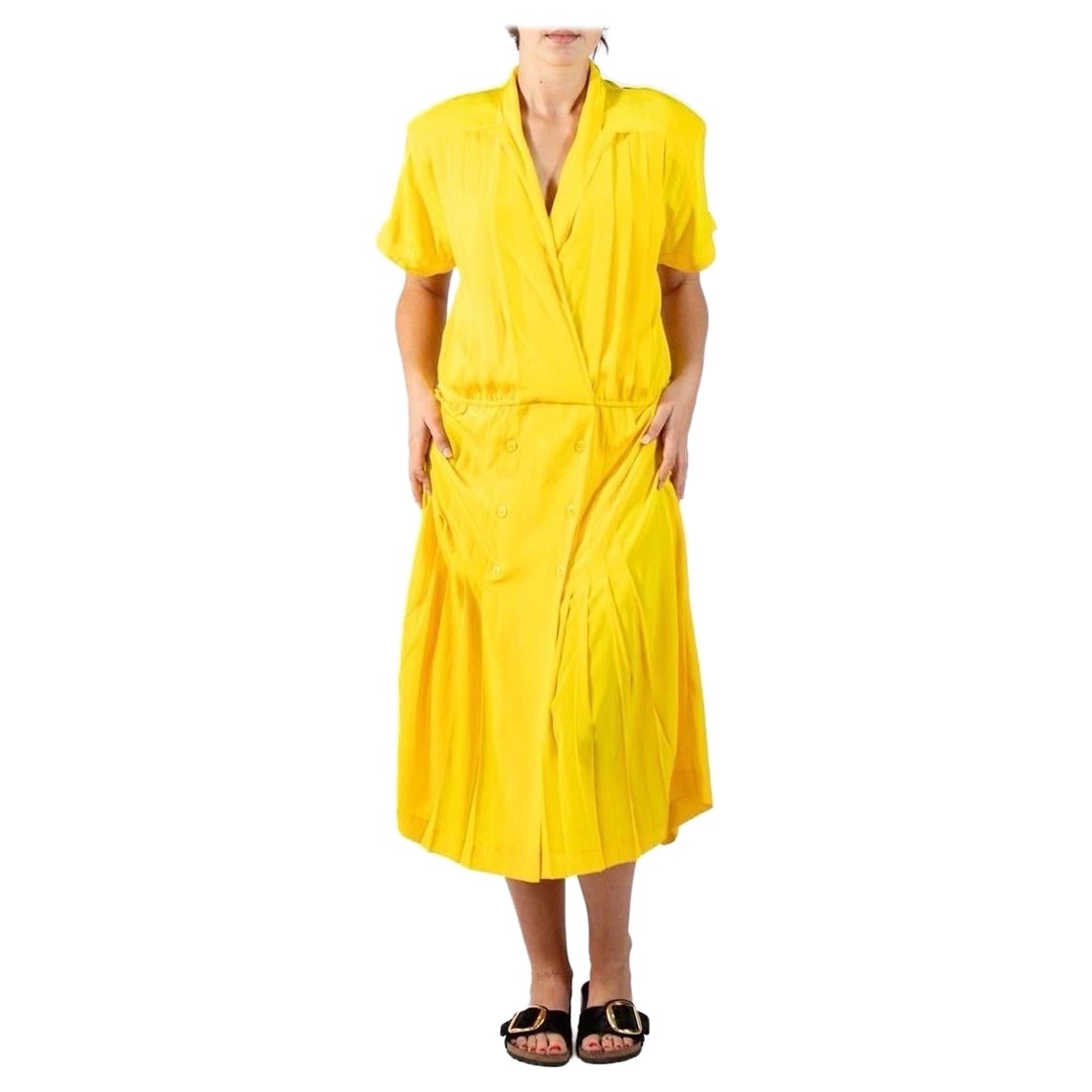 1980S Yellow Polyester Crepe De Chine Dress For Sale