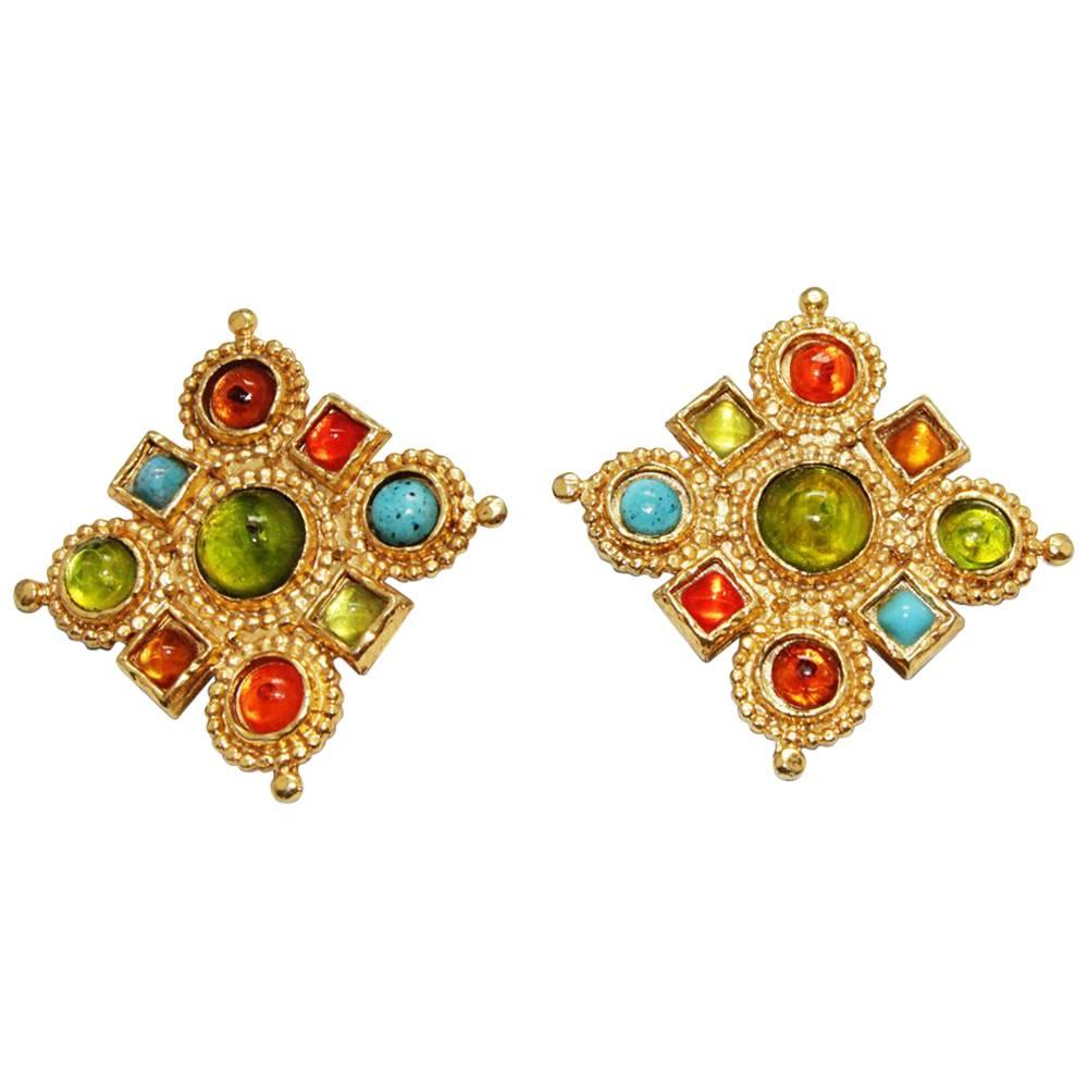 Colorful Edouard Rambaud french byzantine earrings 80s For Sale