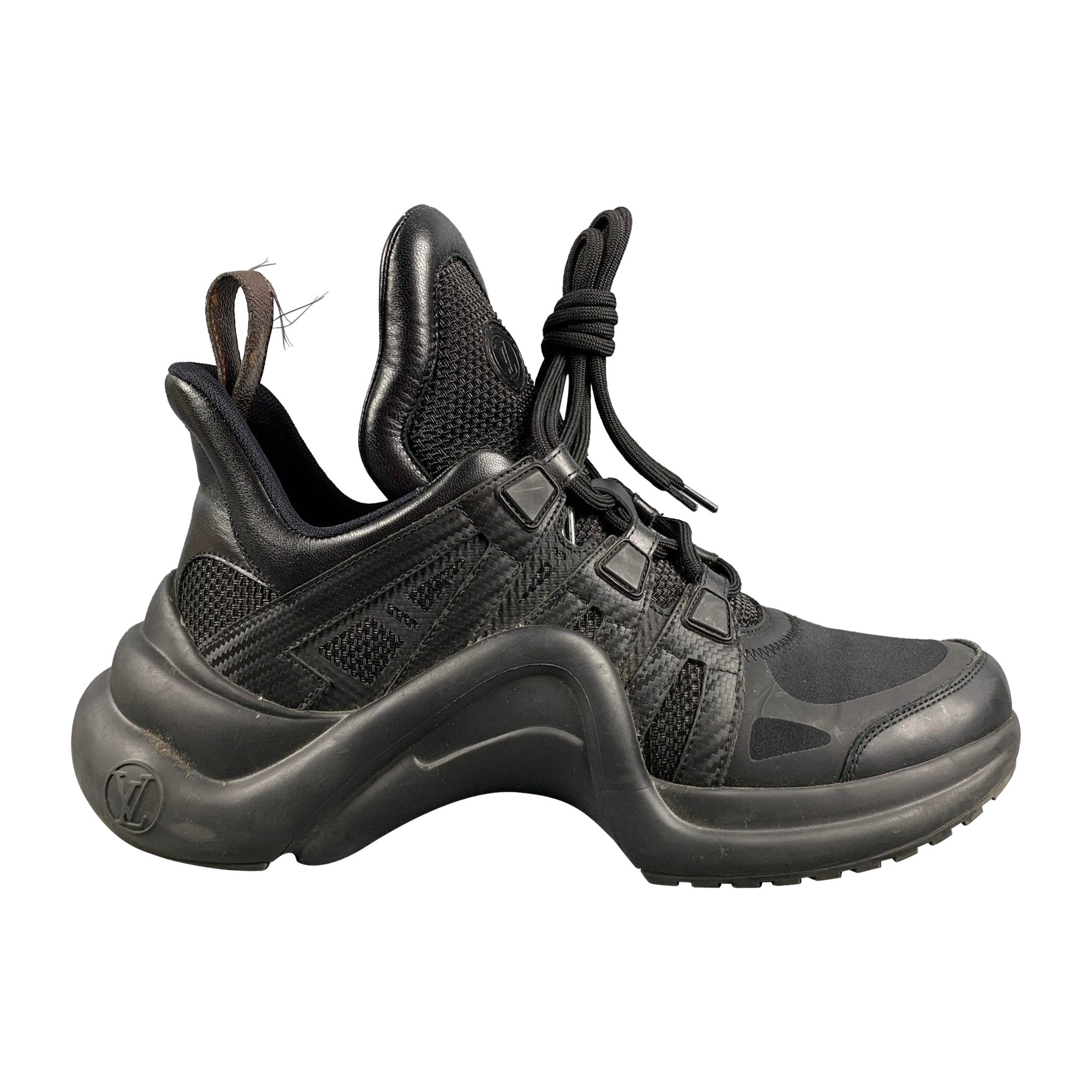 LOUIS VUITTON Size 10 Black Brown Nylon Leather Sneakers en vente