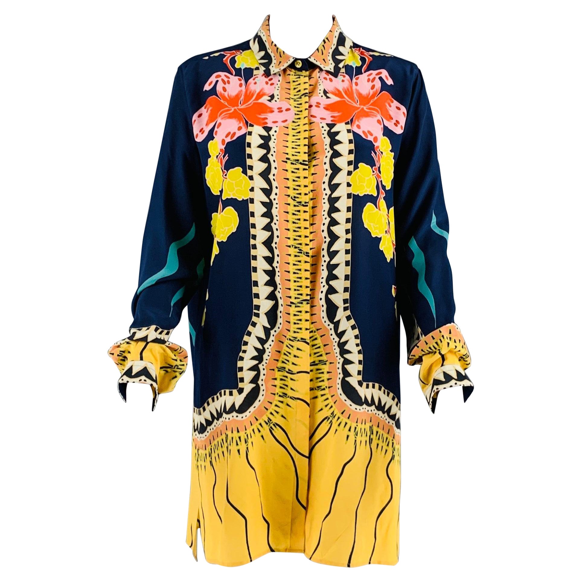ETRO Size 8 Navy Multi-Color Silk Floral Long Dress Top For Sale