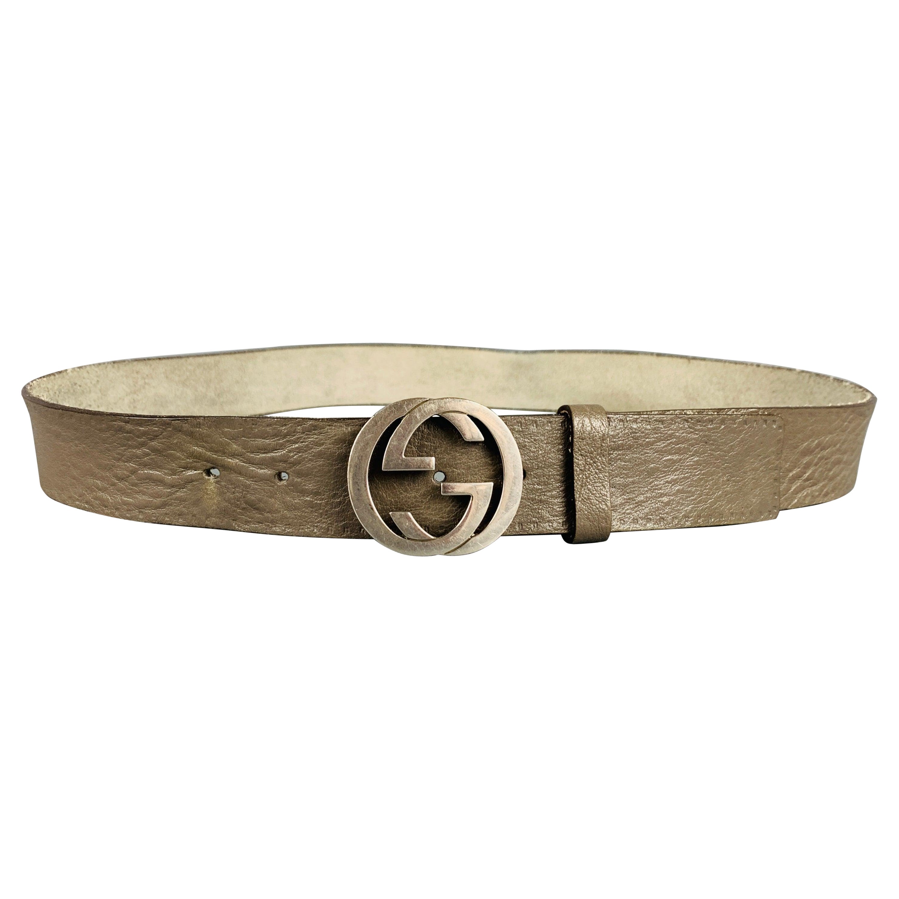GUCCI Size 38 Grey Silver Monogram Leather Belt For Sale