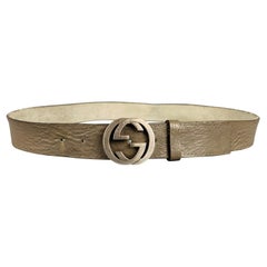 Used GUCCI Size 38 Grey Silver Monogram Leather Belt