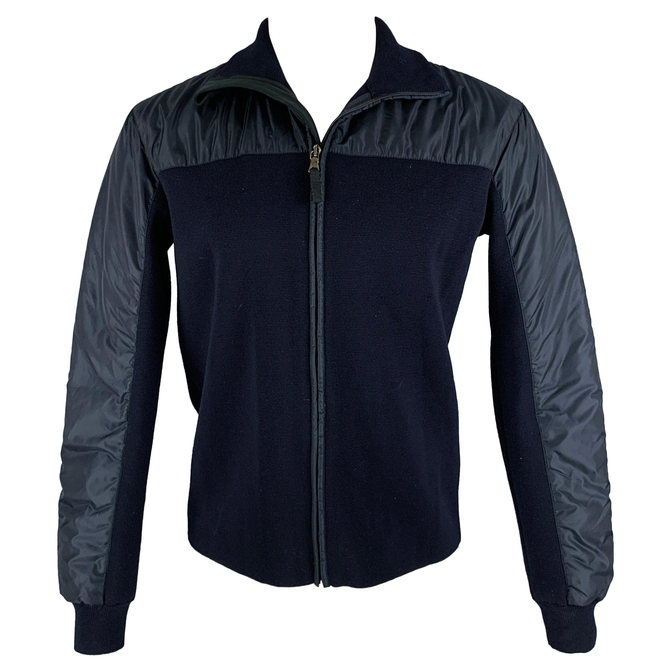 PRADA Size 40 Navy Mixed Fabrics Wool Zip Up Jacket For Sale