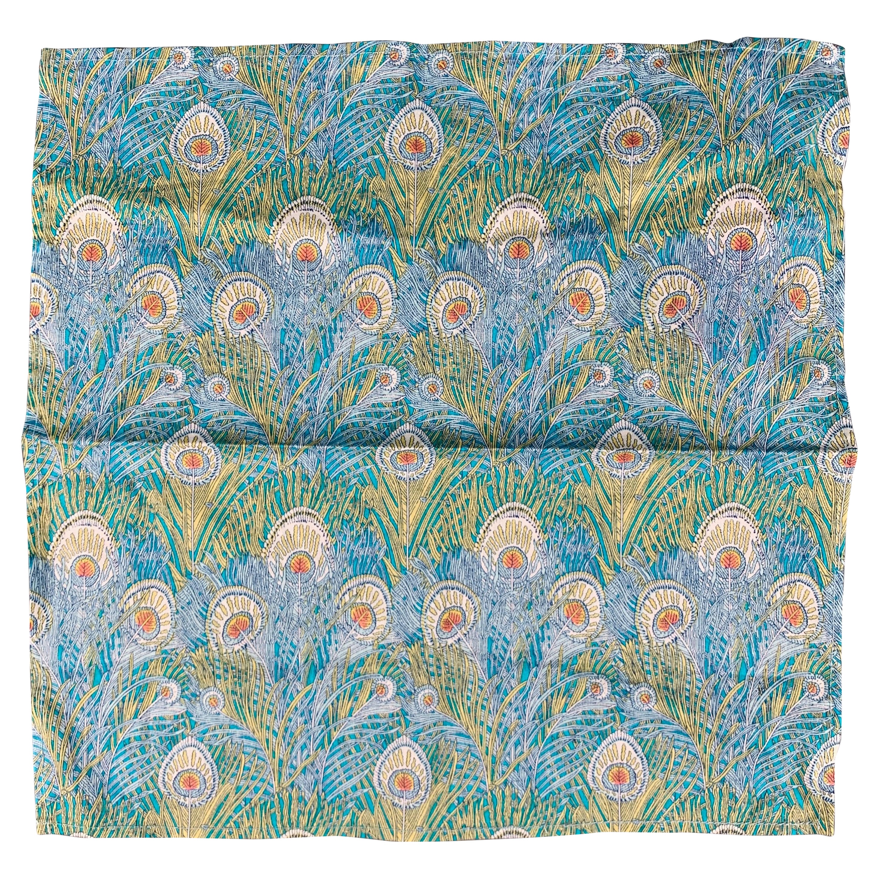 LIBERTY OF LONDON Blue Green Peacock Cotton Pocket Square For Sale