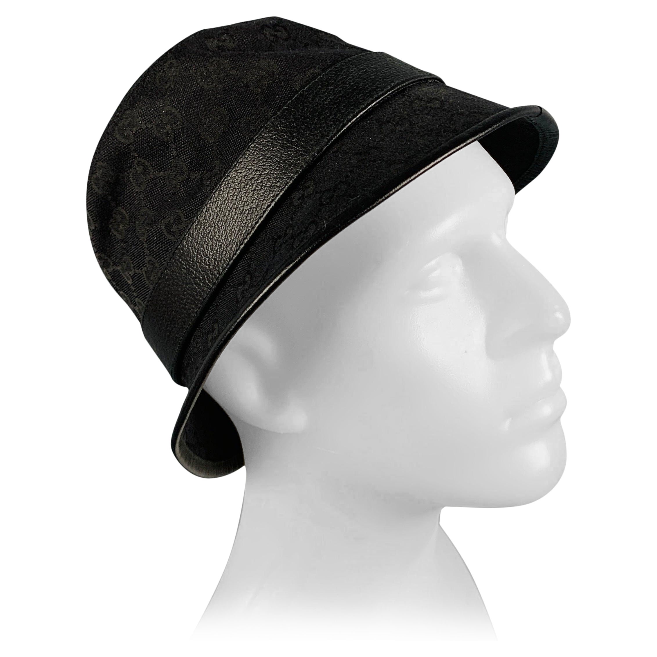 Gucci Size S Black Gold Logo Polyester Blend Leather Hats en vente