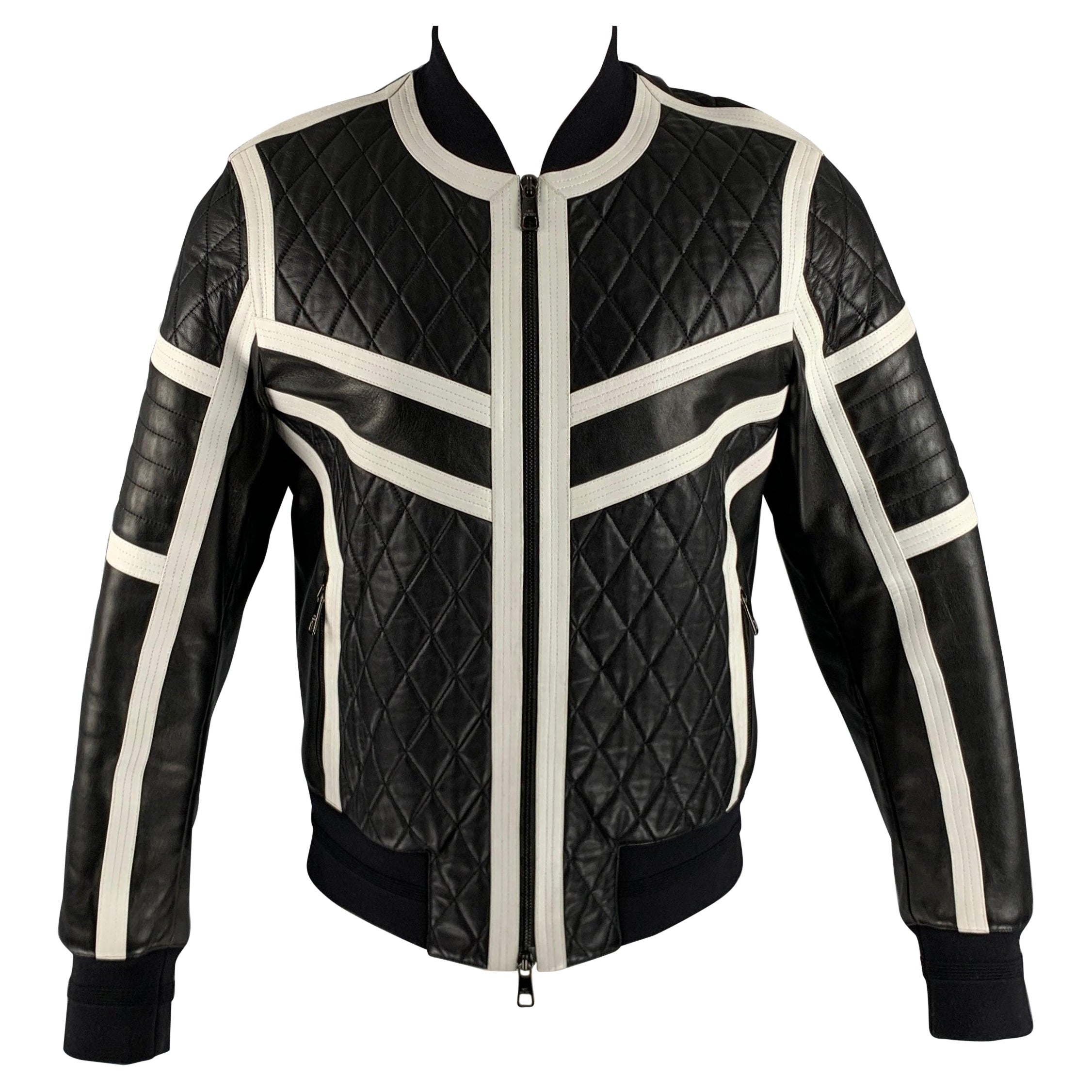 NEIL BARRETT Size M Black White Quilted Leather Zip Up Jacket For Sale