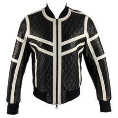 NEIL BARRETT Size M Black White Quilted Leather Zip Up Jacket (Veste zippée en cuir noir et blanc)