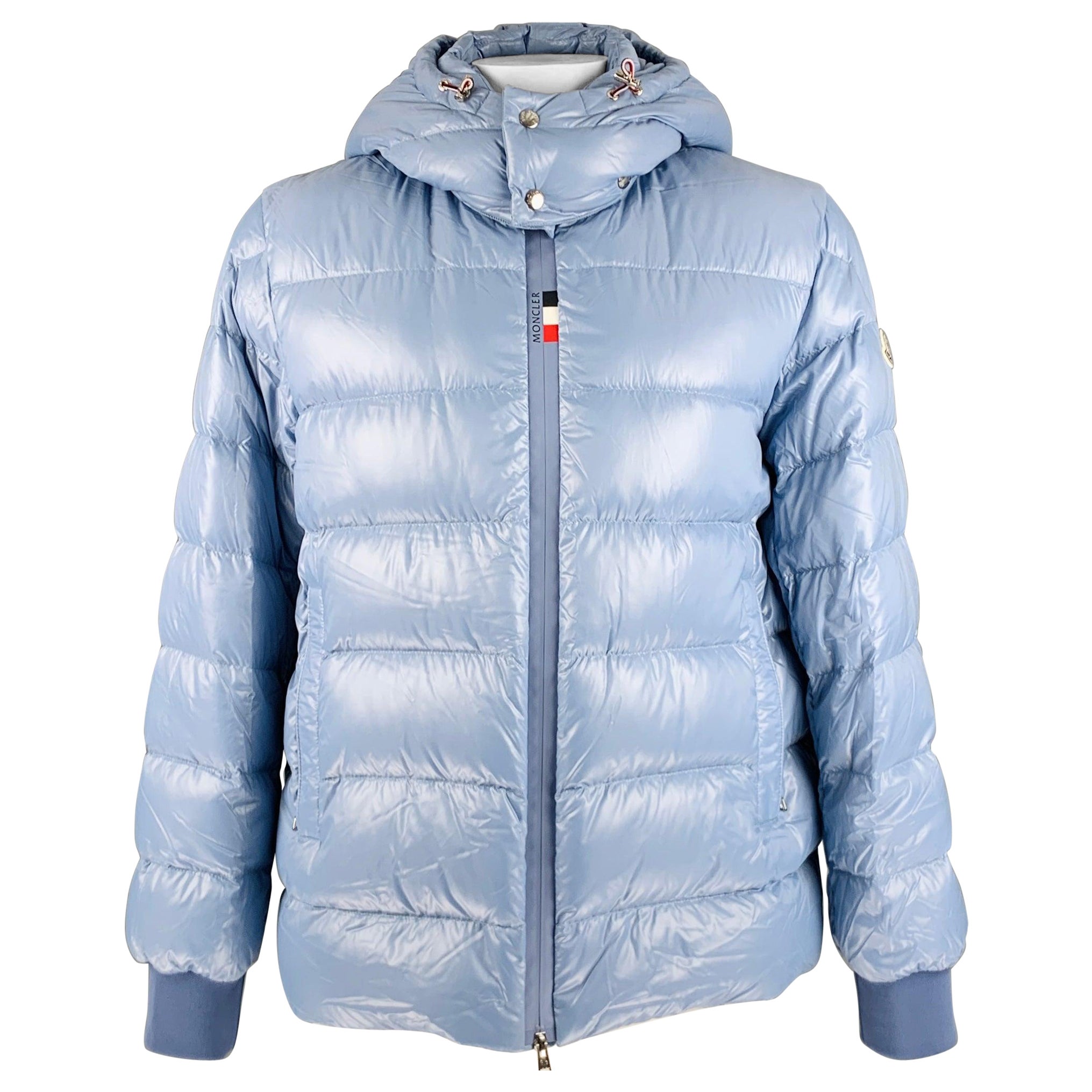 MONCLER Size XXXL Light Blue Quilted Polyamide Zip Up Jacket For Sale