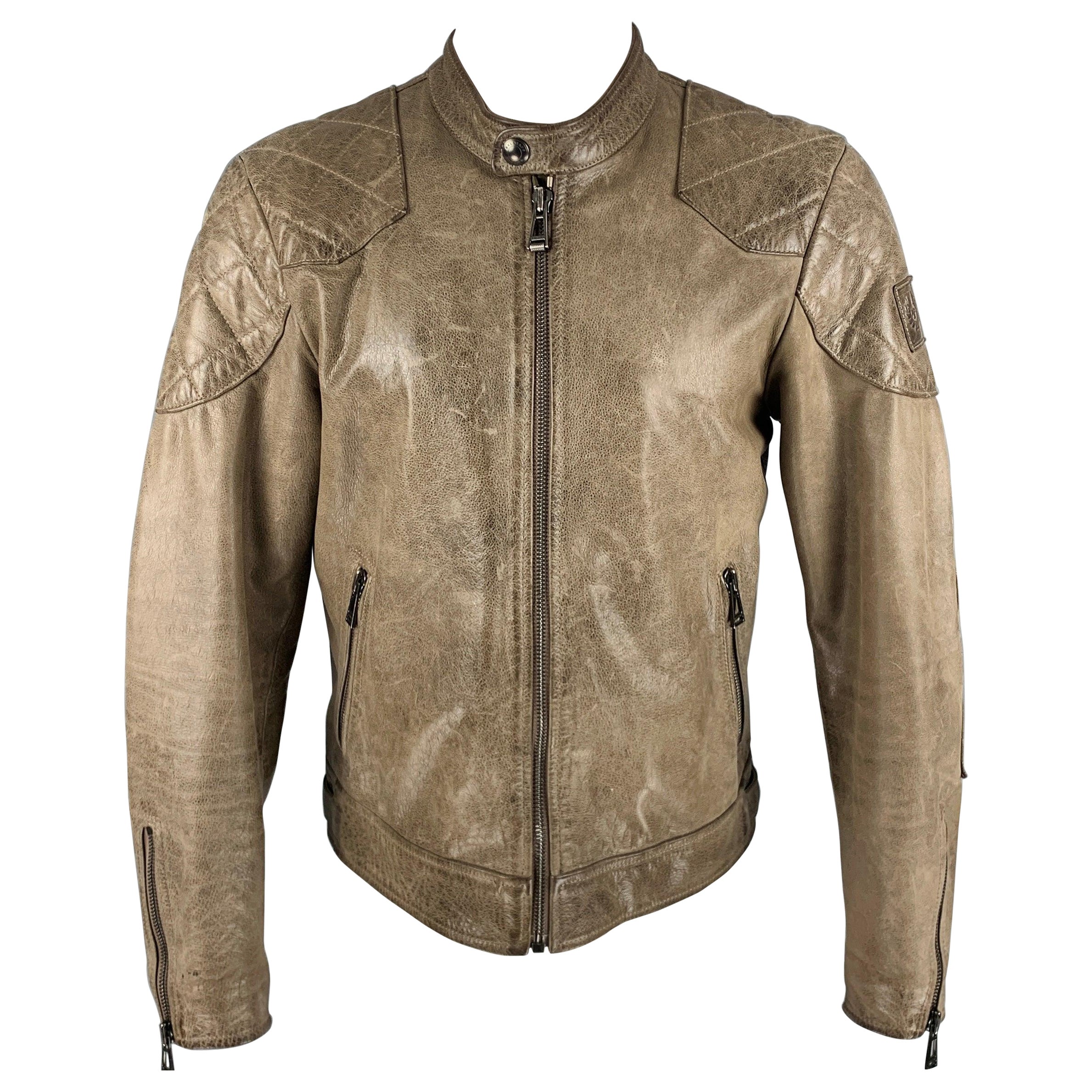 BELSTAFF Size 40 Grey Taupe Quilted Leather Motorcycle Jacket For Sale