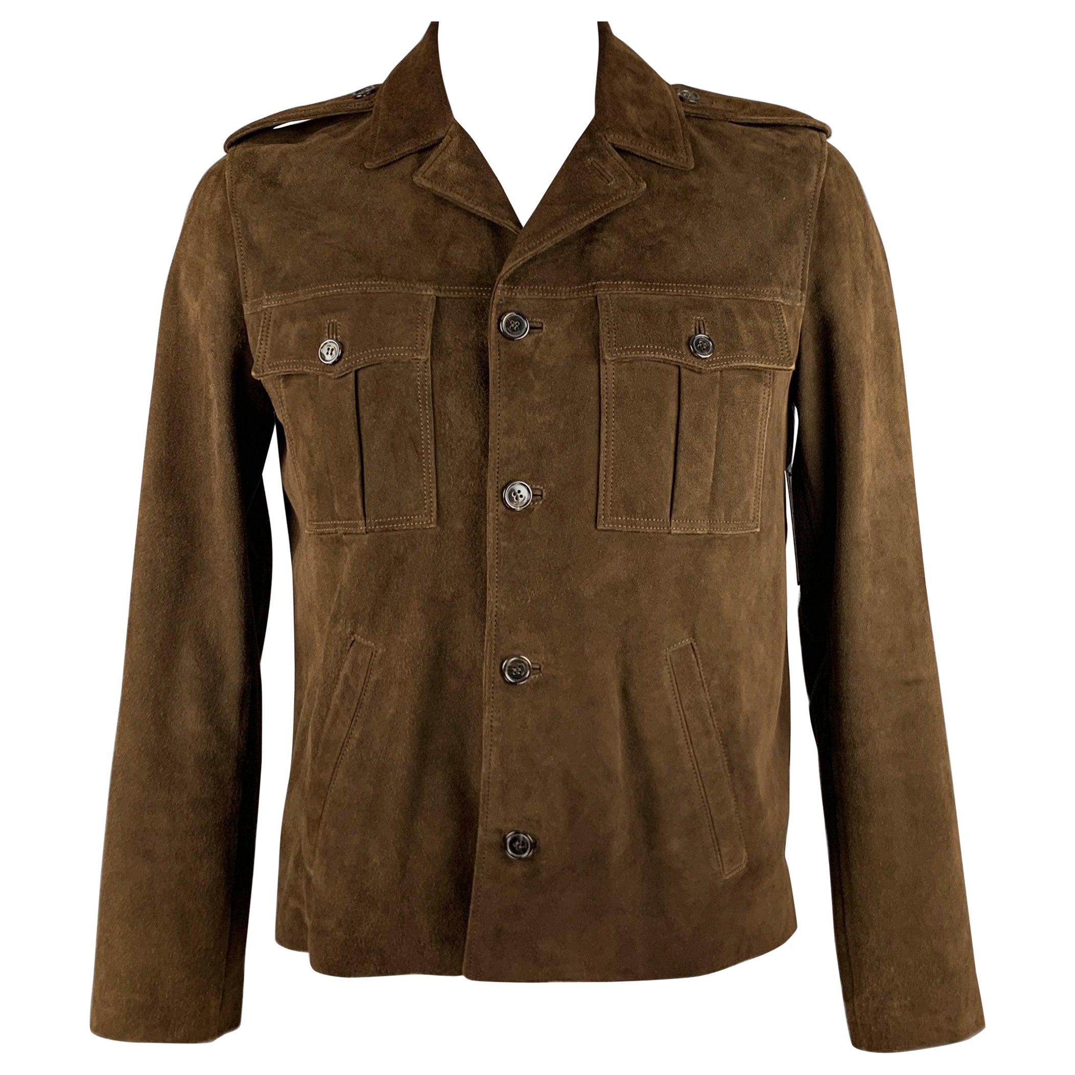 SAINT LAURENT Size 44 Brown Leather Epaulettes Jacket For Sale