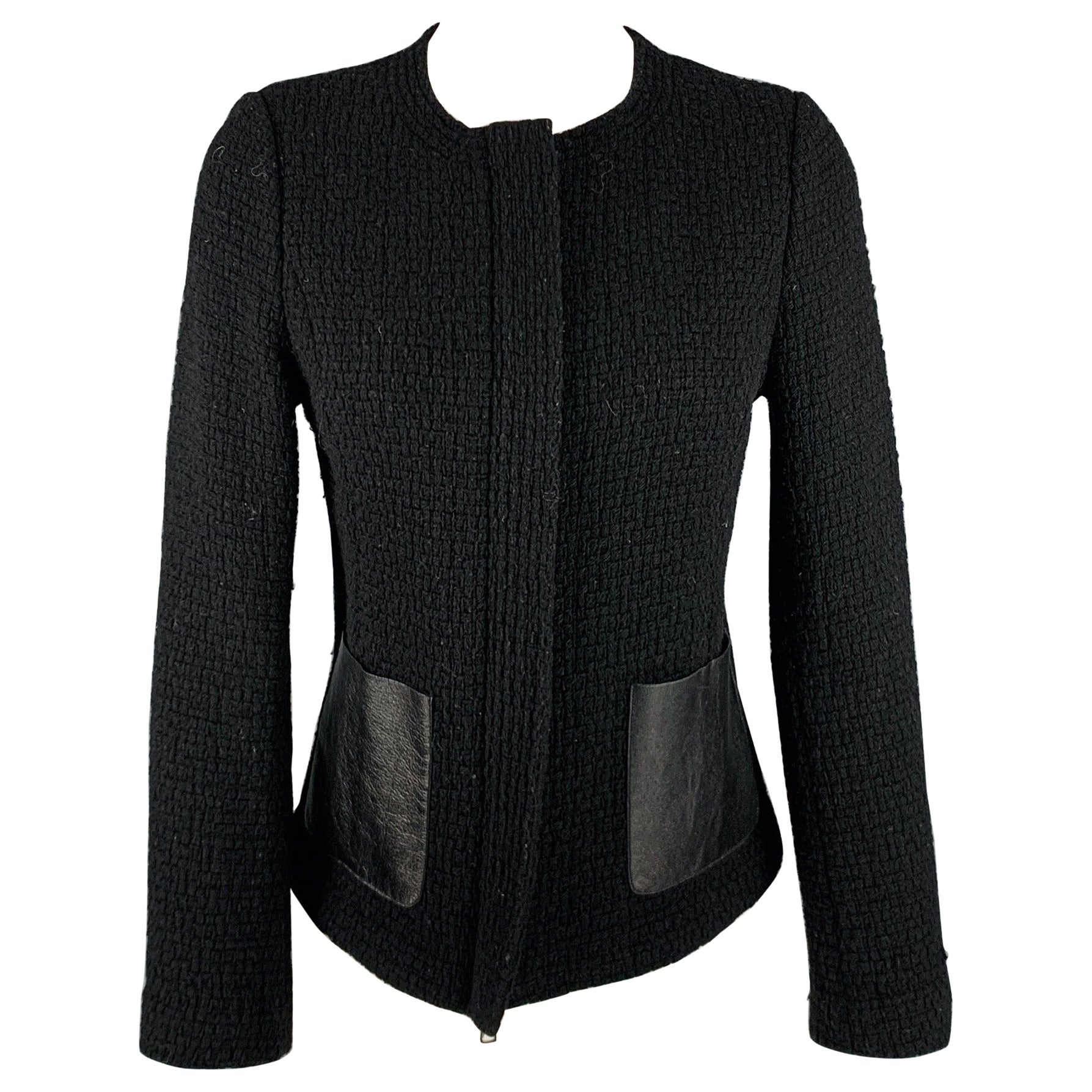 VINCE Size 6 Black Wool Blend Faux Leather Zip Up Jacket For Sale