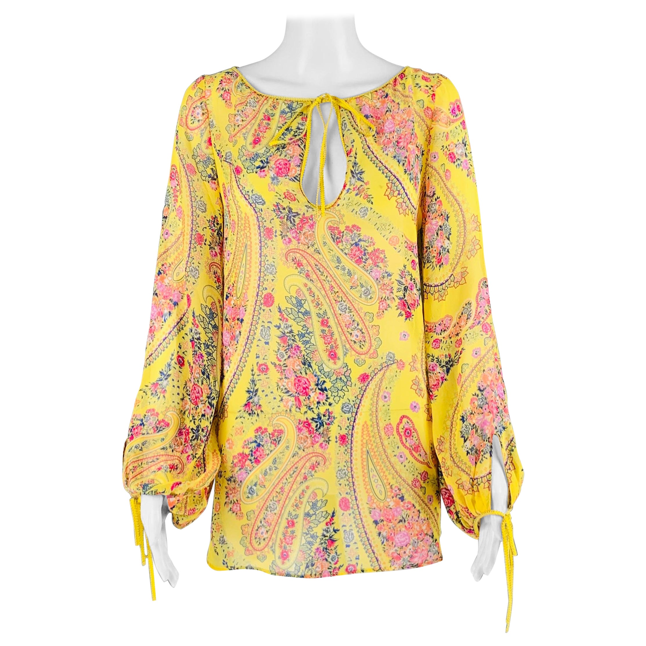 ETRO Size 2 Yellow Pink Silk Floral Long Sleeve Blouse For Sale