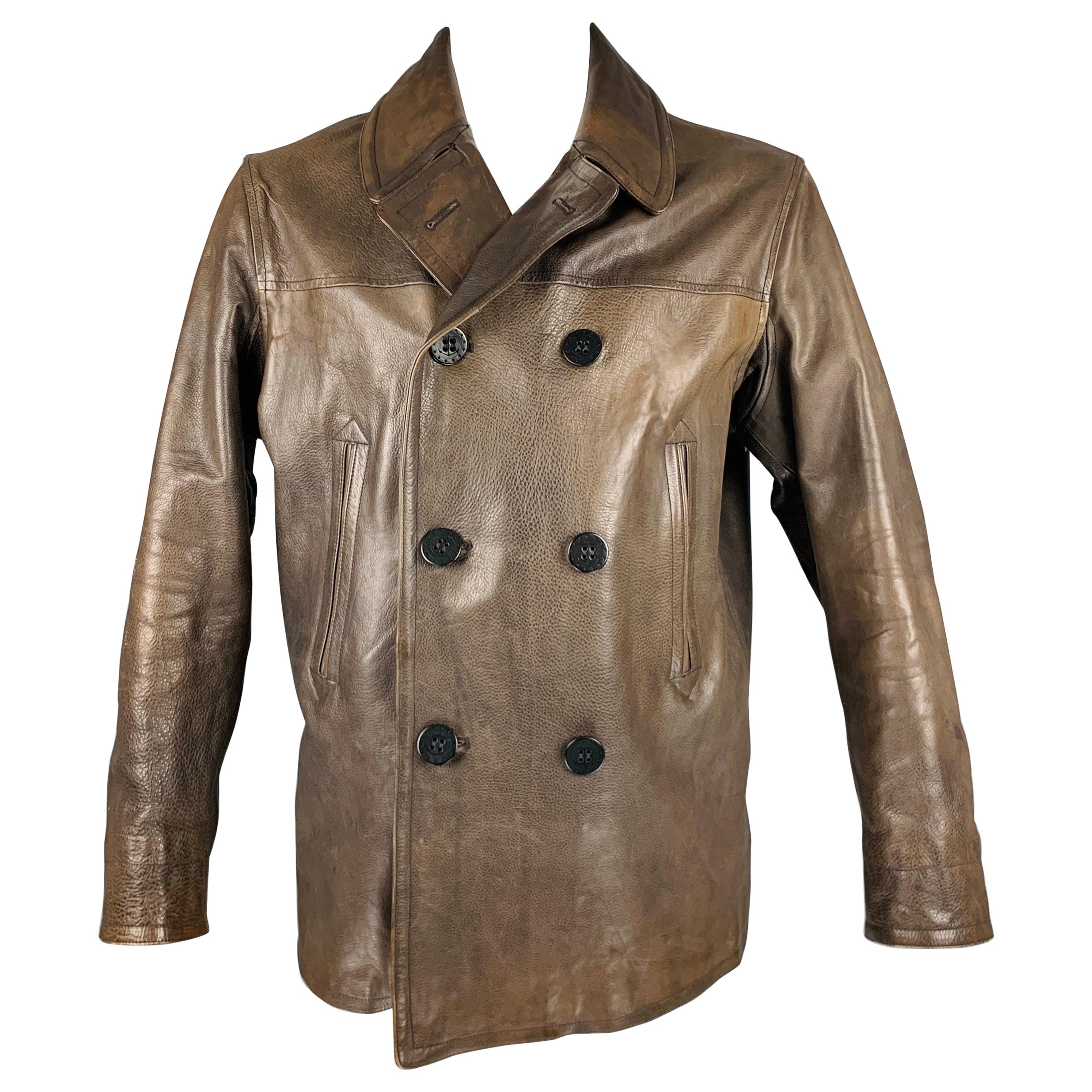 RRL by RALPH LAUREN Size XL Brown Leather Peacoat For Sale