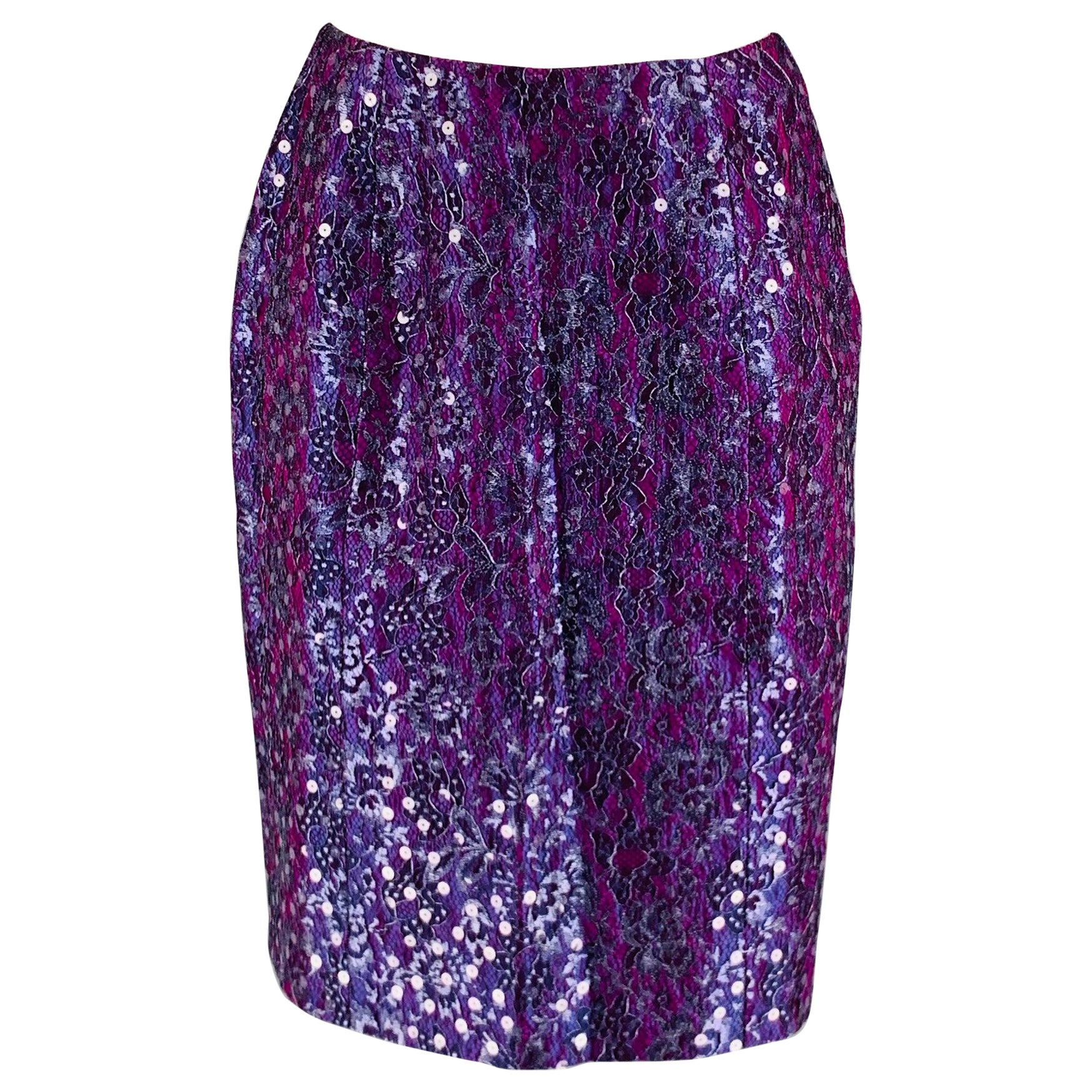 GEOFFREY BEENE Taille 6 Purple Silver Lace Below Knee Skirt (Jupe de dessous de genou en dentelle) en vente