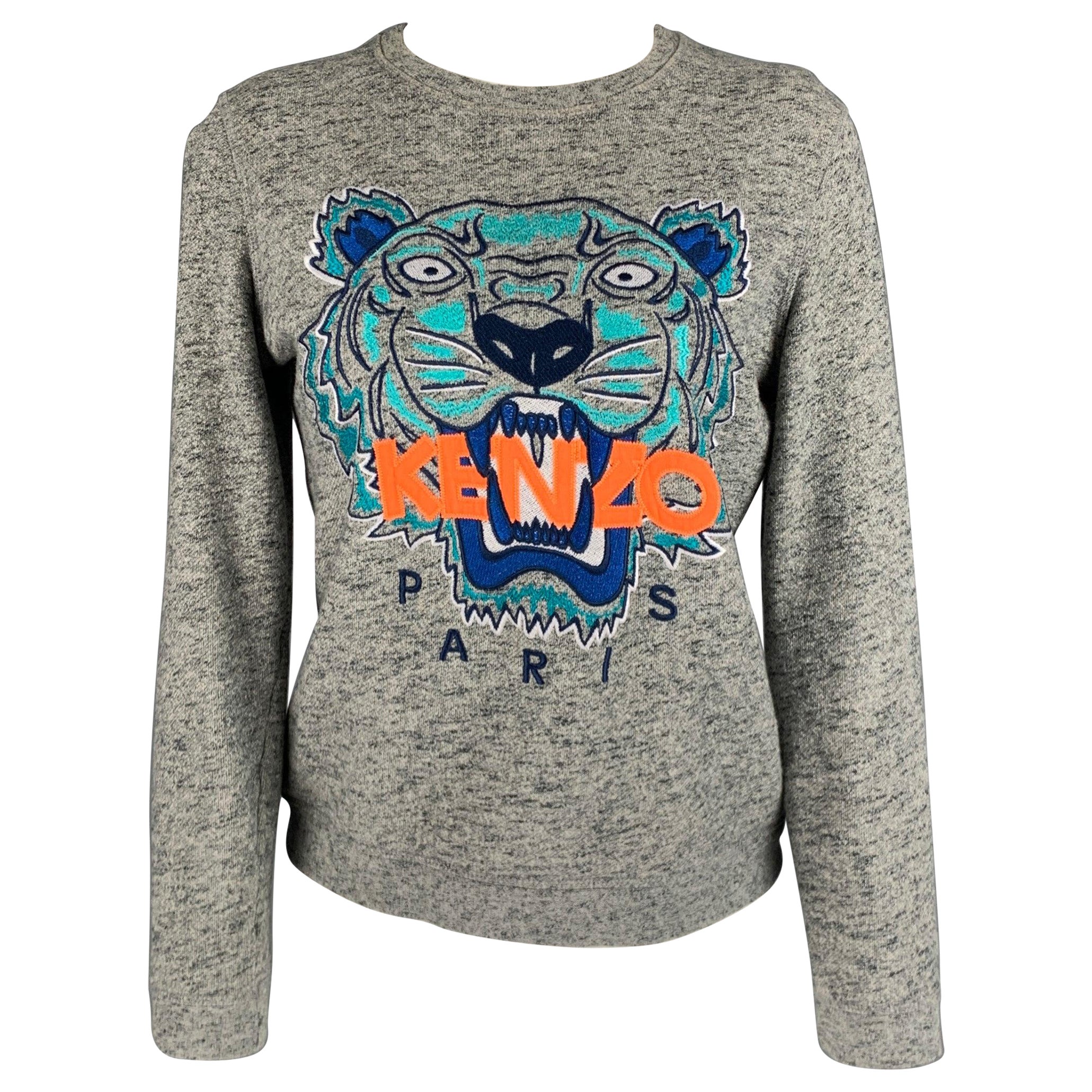 KENZO Size S Grey Blue Tiger Logo Embroidery Crew Neck Sweatshirt For Sale