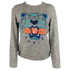 KENZO Talla S Gris Azul Tigre Logo Bordado Cuello Crew Sudadera