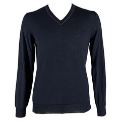 SALVATORE FERRAGAMO Size XL Navy Knit Wool Silk V-Neck Pullover (Pull à col V en laine et soie)