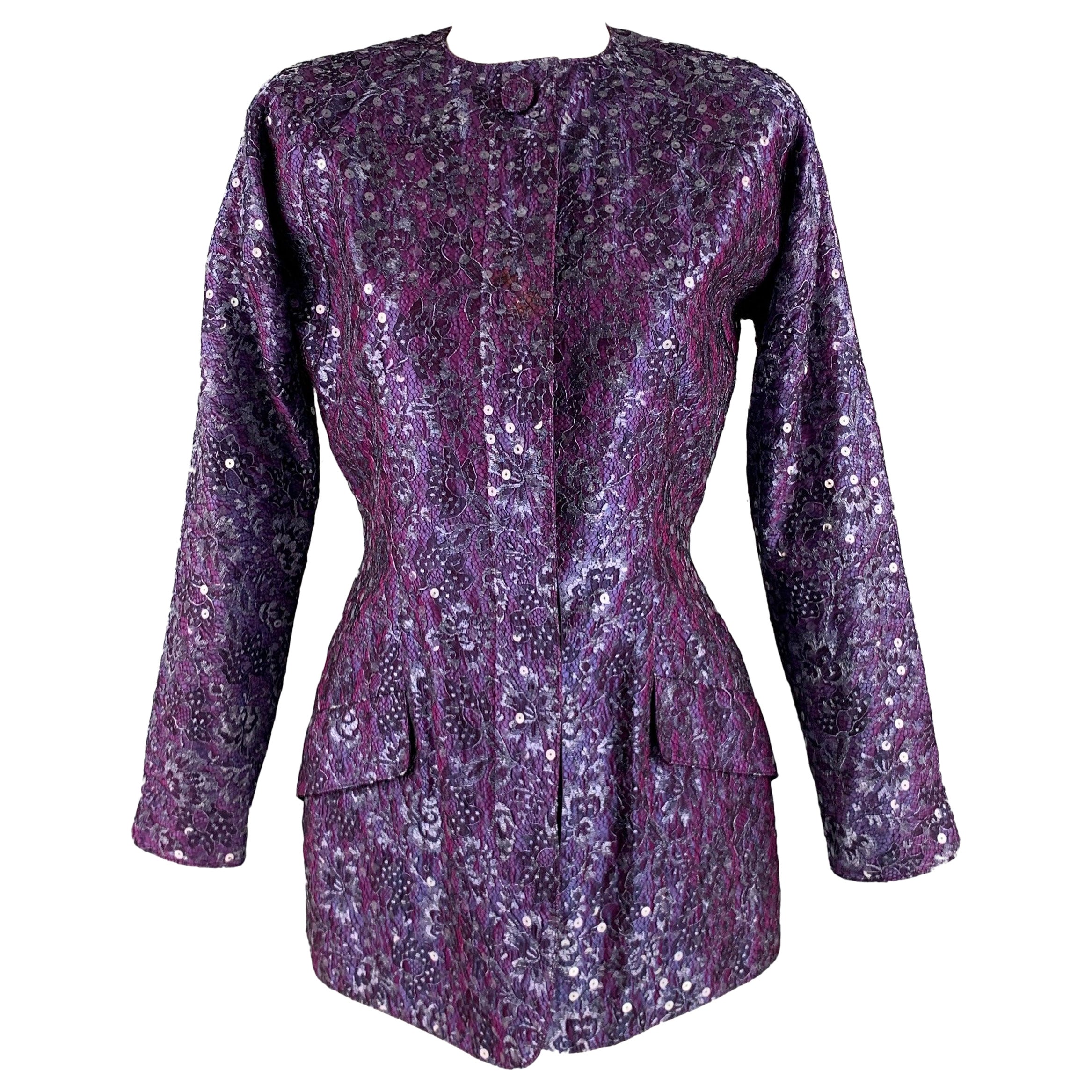 GEOFFREY BEENE Size M Purple Sequined Evening Blazer For Sale