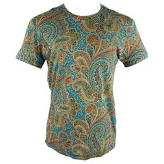 ETRO T-shirt col ras du cou en coton à motif cachemire bleu orange, taille S