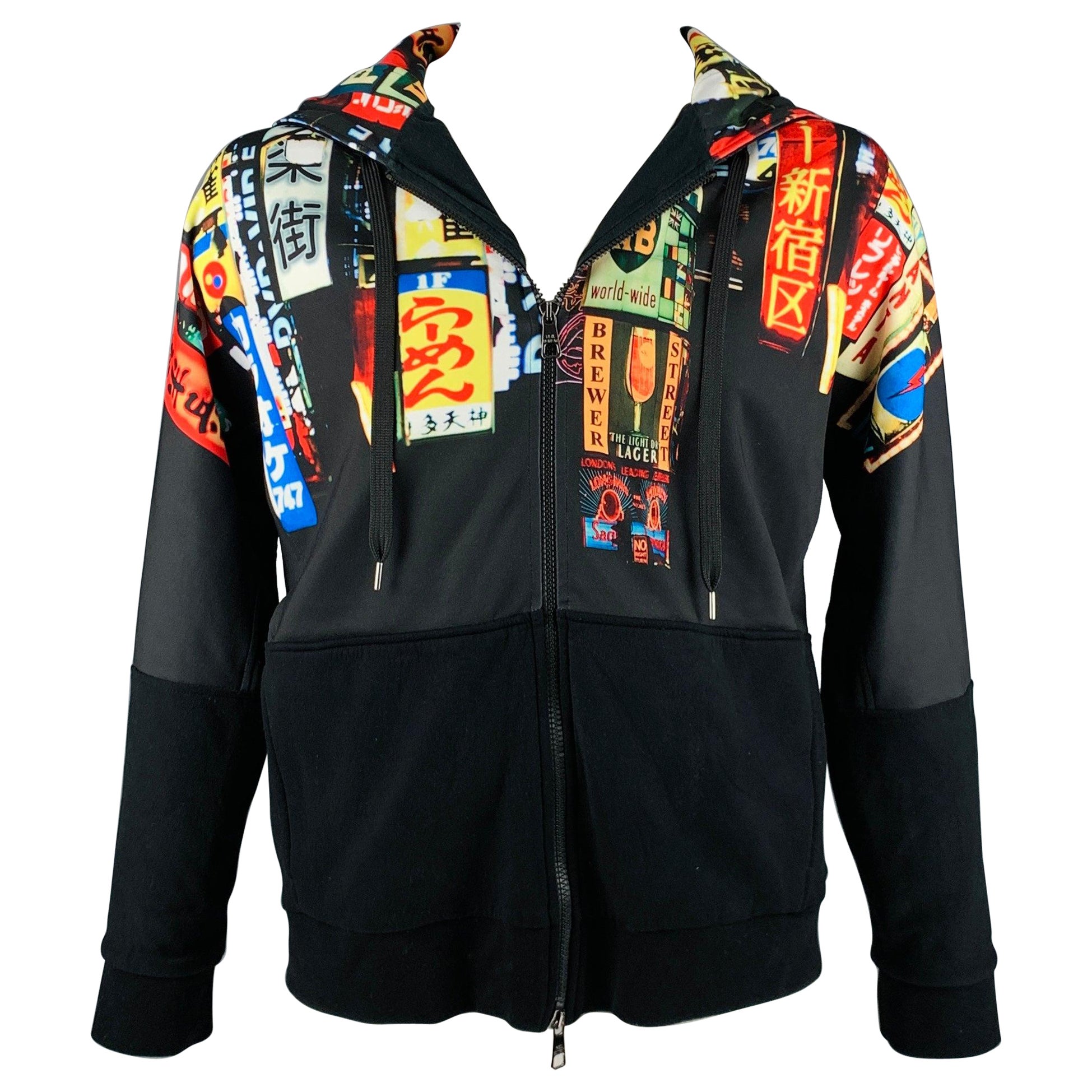 NEIL BARRETT Size L Black Multi Color Print Hooded Jacket For Sale