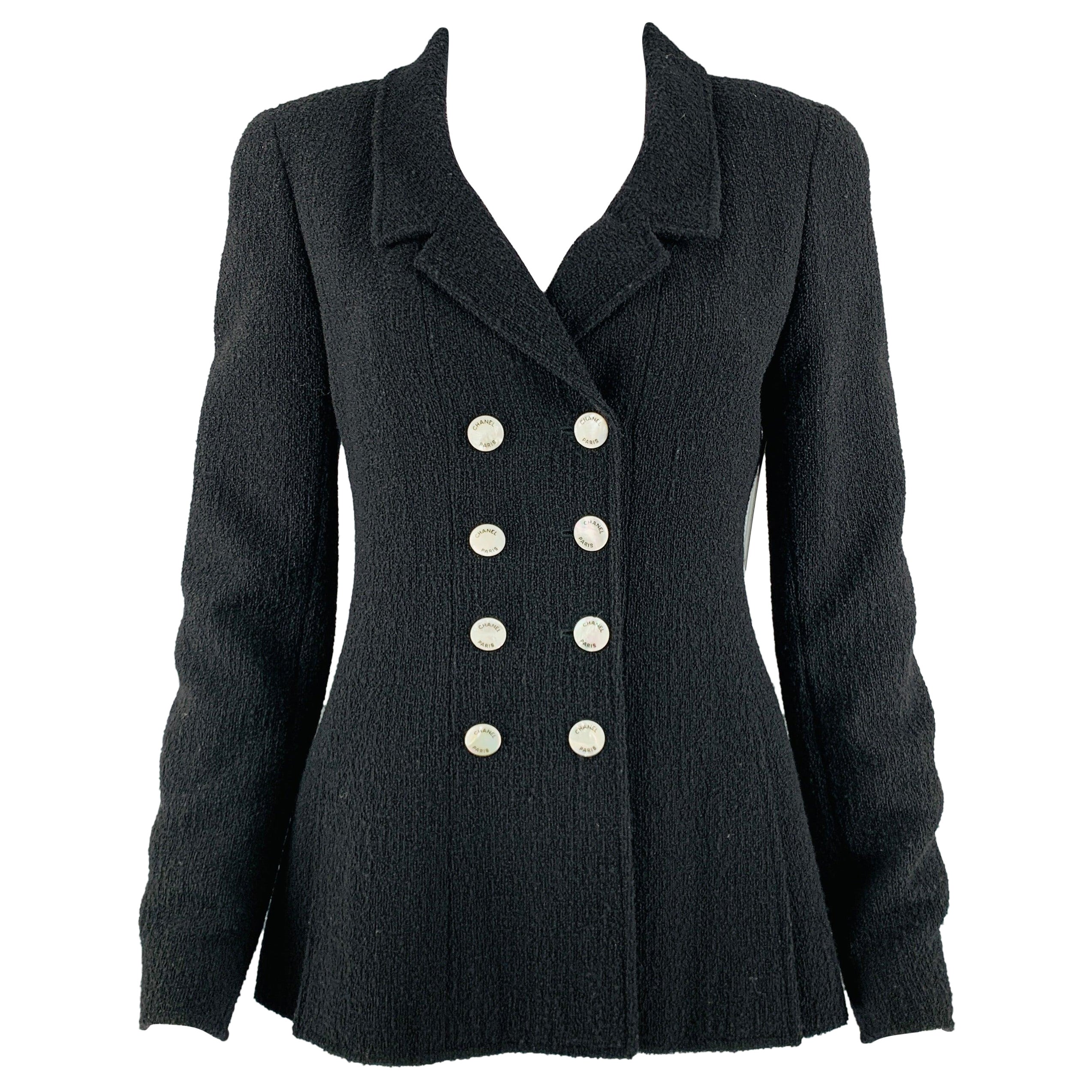 CHANEL Size 6 Black Wool Nylon Double Breasted Blazer For Sale