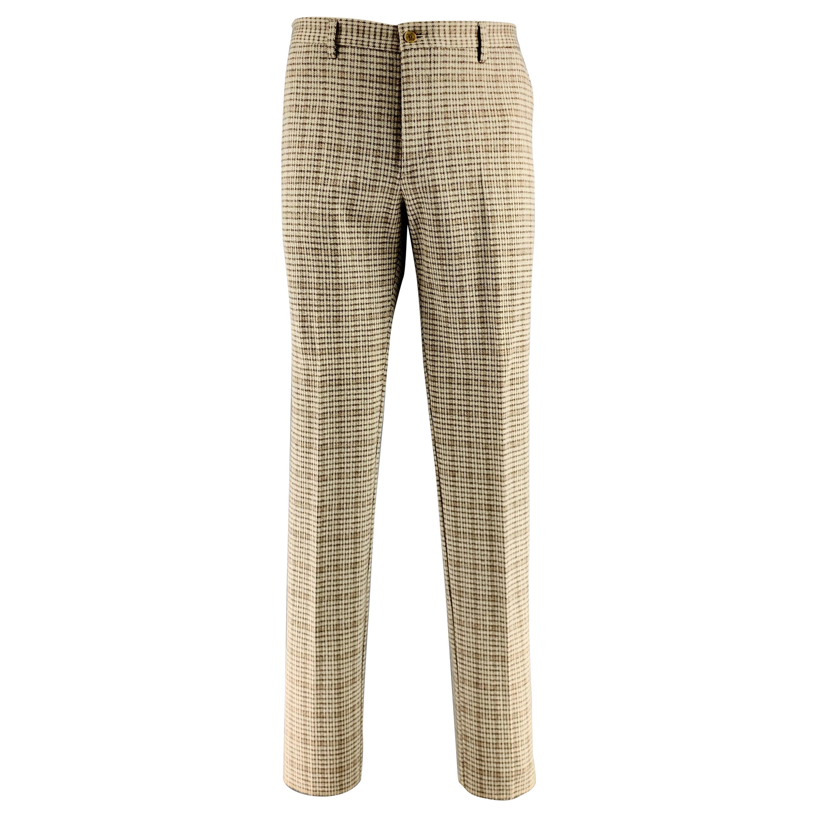 ETRO Size 38 Grey Taupe Houndstooth Cotton Wool Flat Front Dress Pants For Sale