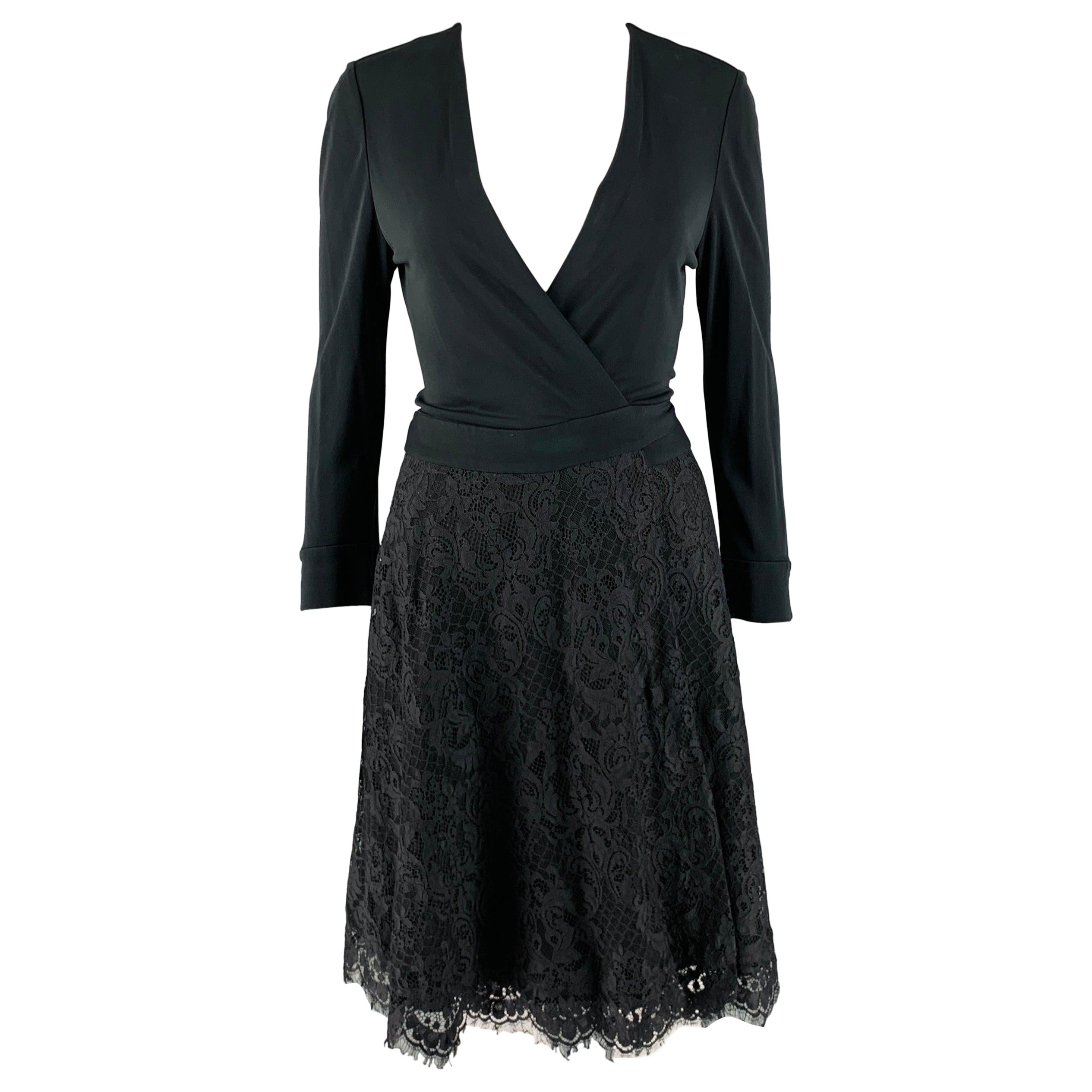 DIANE VON FURSTENBERG Size 4 Black Nylon Lace Wrap Dress For Sale