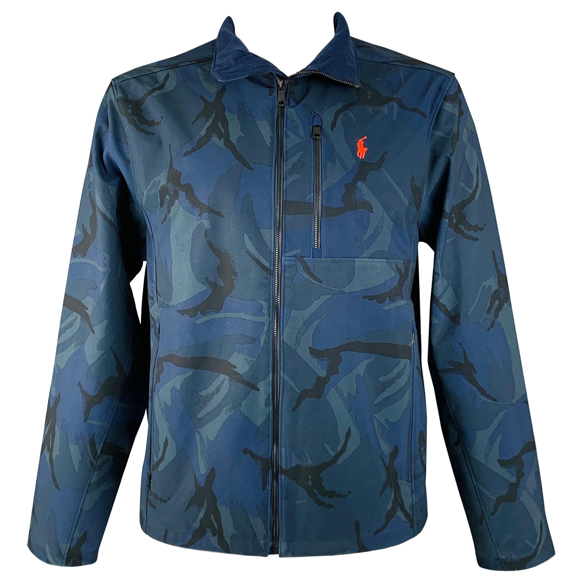 RALPH LAUREN Size XL Navy Blue Camo Polyester Elastane Jacket For Sale