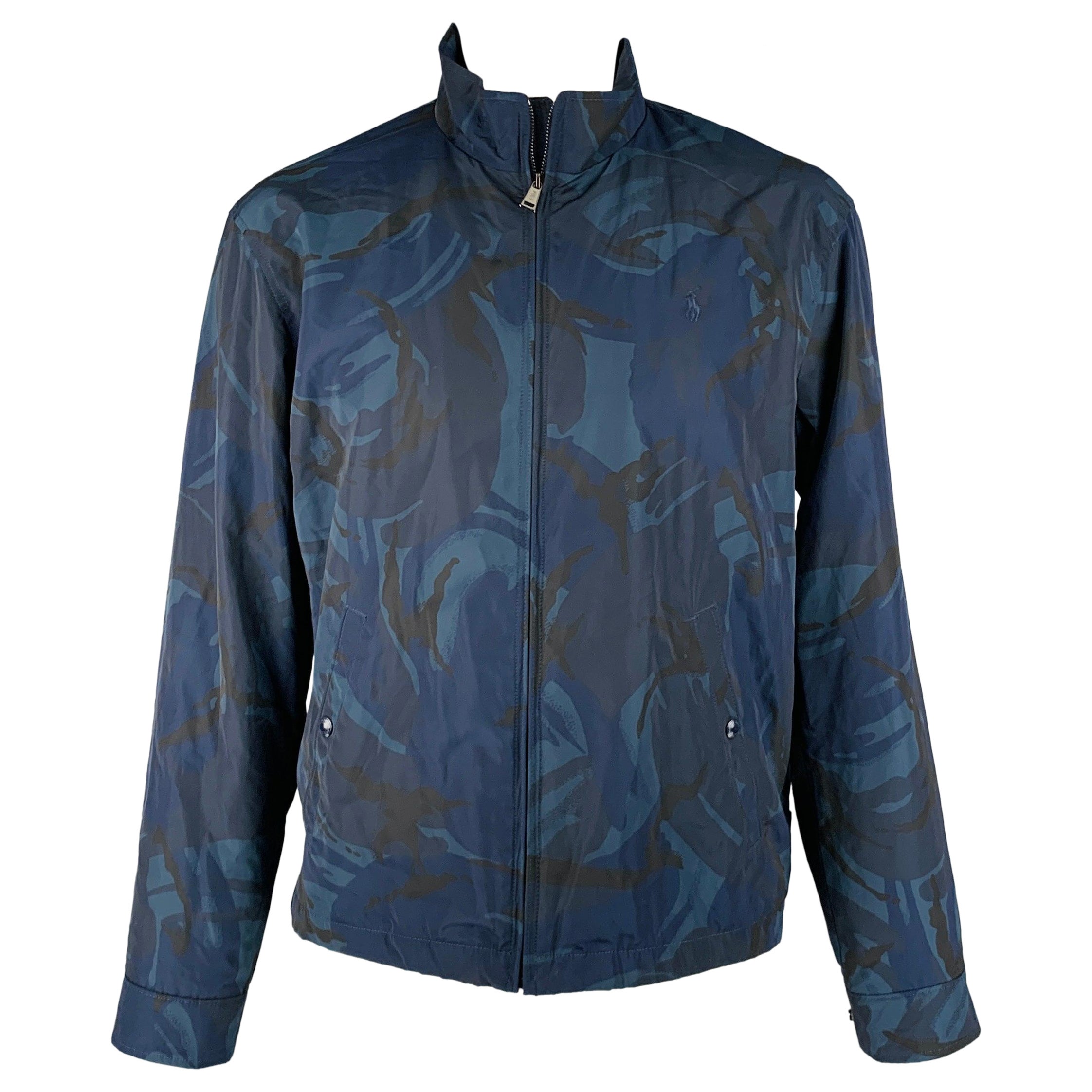 RALPH LAUREN Size XL Navy Blue Camo Polyester Zip Up Jacket For Sale