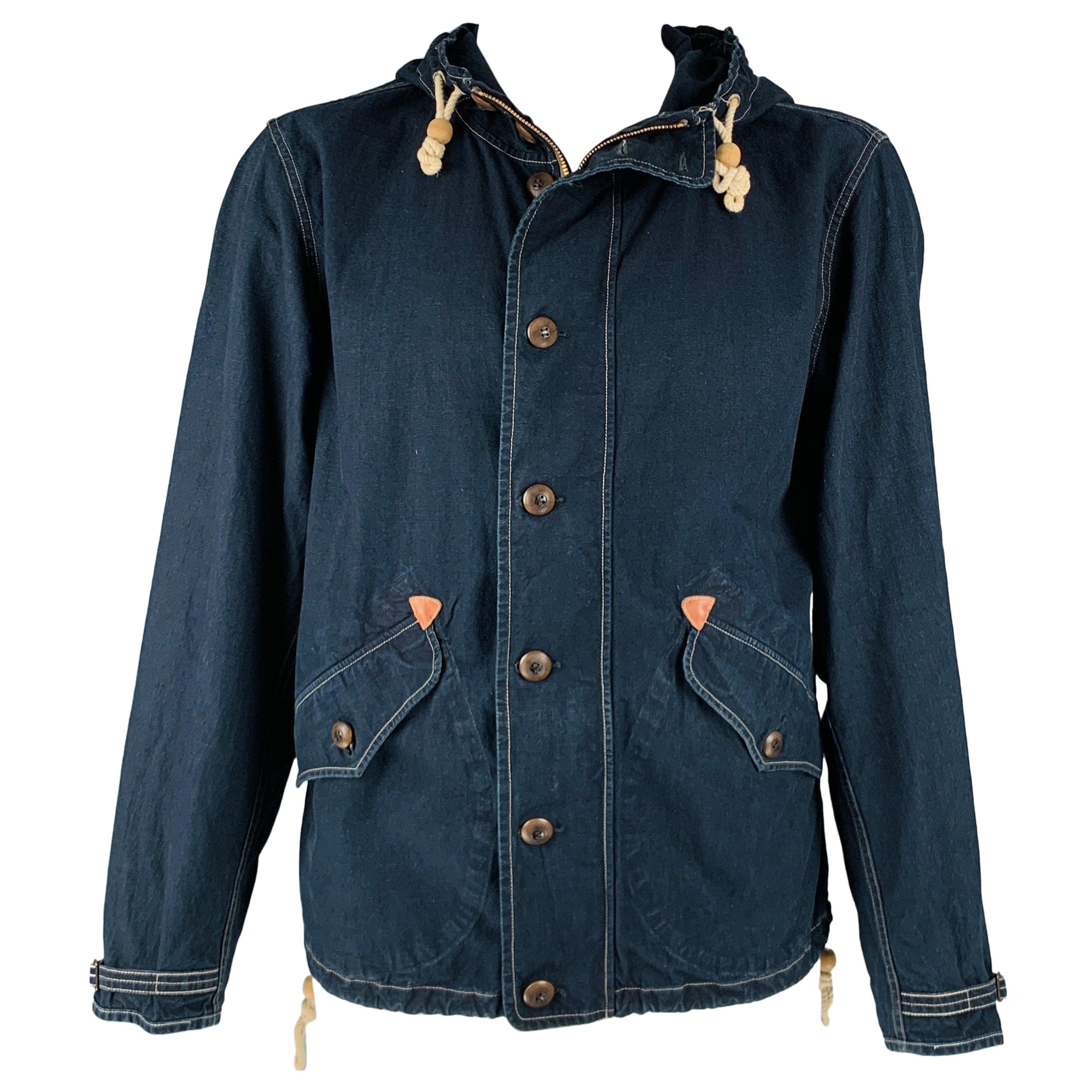 RRL by RALPH LAUREN Size L Indigo Cotton Hooded Jacket For Sale
