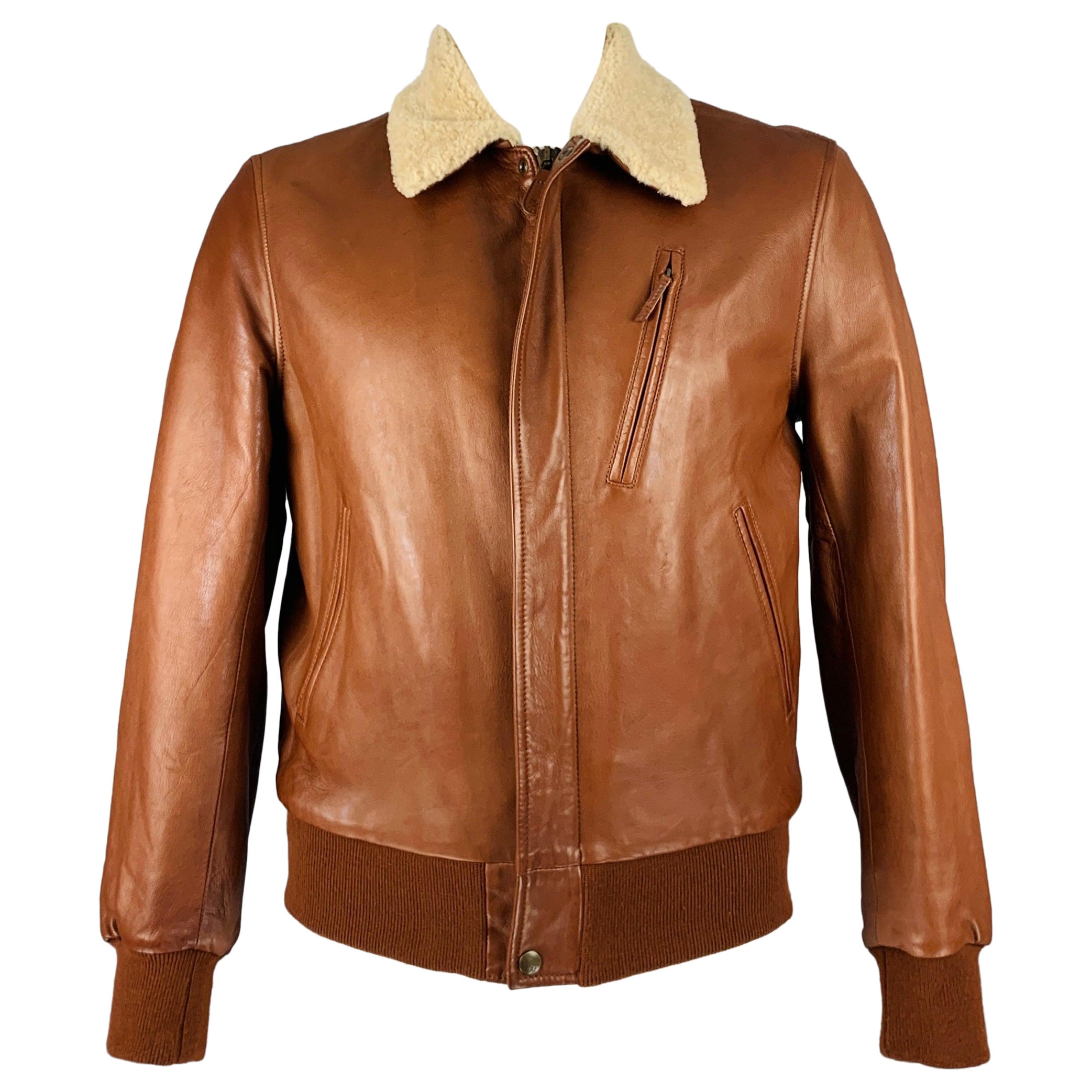RALPH LAUREN Size L Brown Leather Zip Up Jacket For Sale