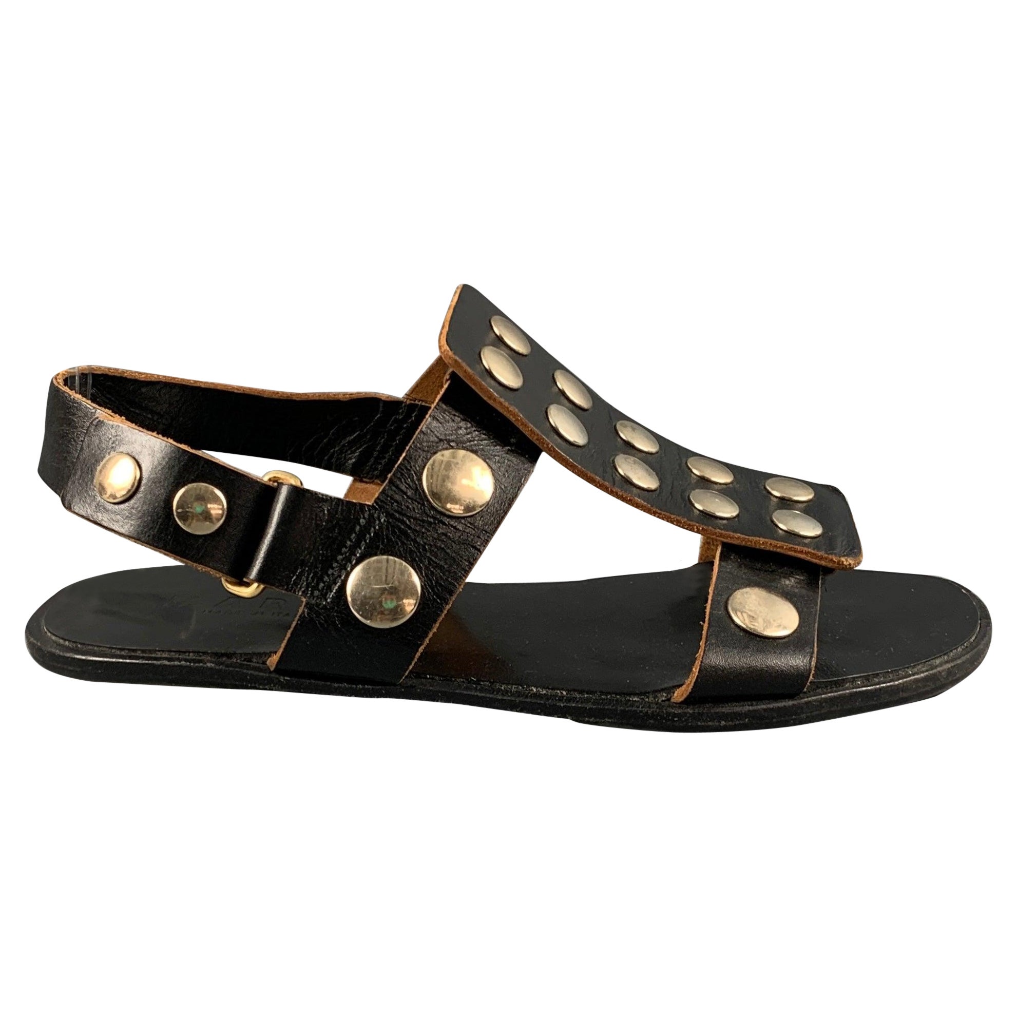 MARNI Size 7 Black Tan Leather Studded Ankle Strap Sandals For Sale