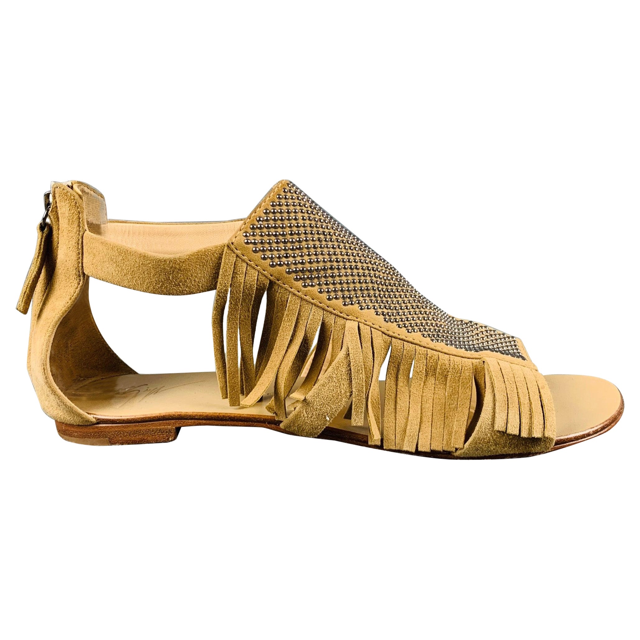 GIUSEPPE ZANOTTI Size 10 Beige Suede Studded Fringed Sandals For Sale
