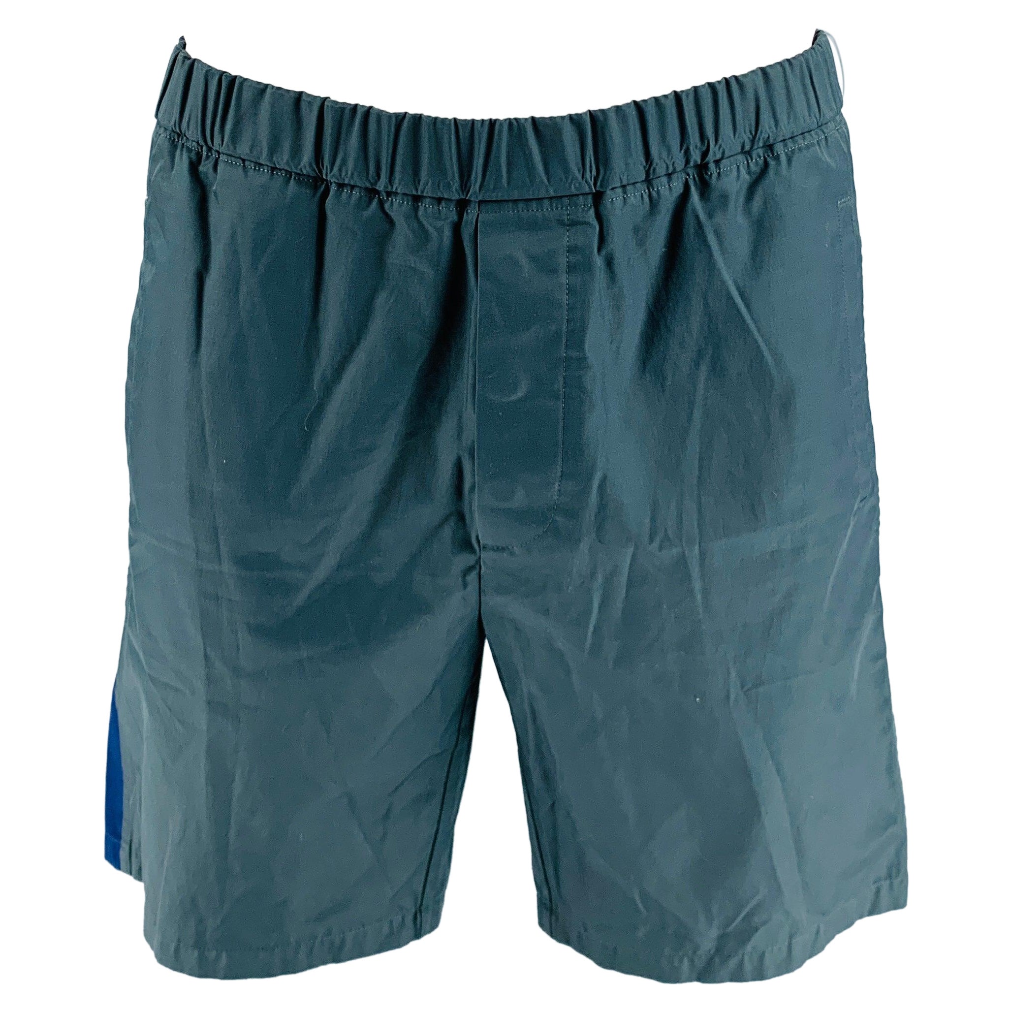 MARNI Size 34 Grey Blue Vertical Stripe Cotton Blend Elastic Waistband Shorts For Sale