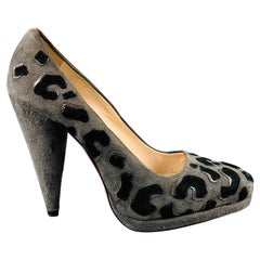 Used PRADA Size 5 Grey Black Suede Aplique Platform Pumps