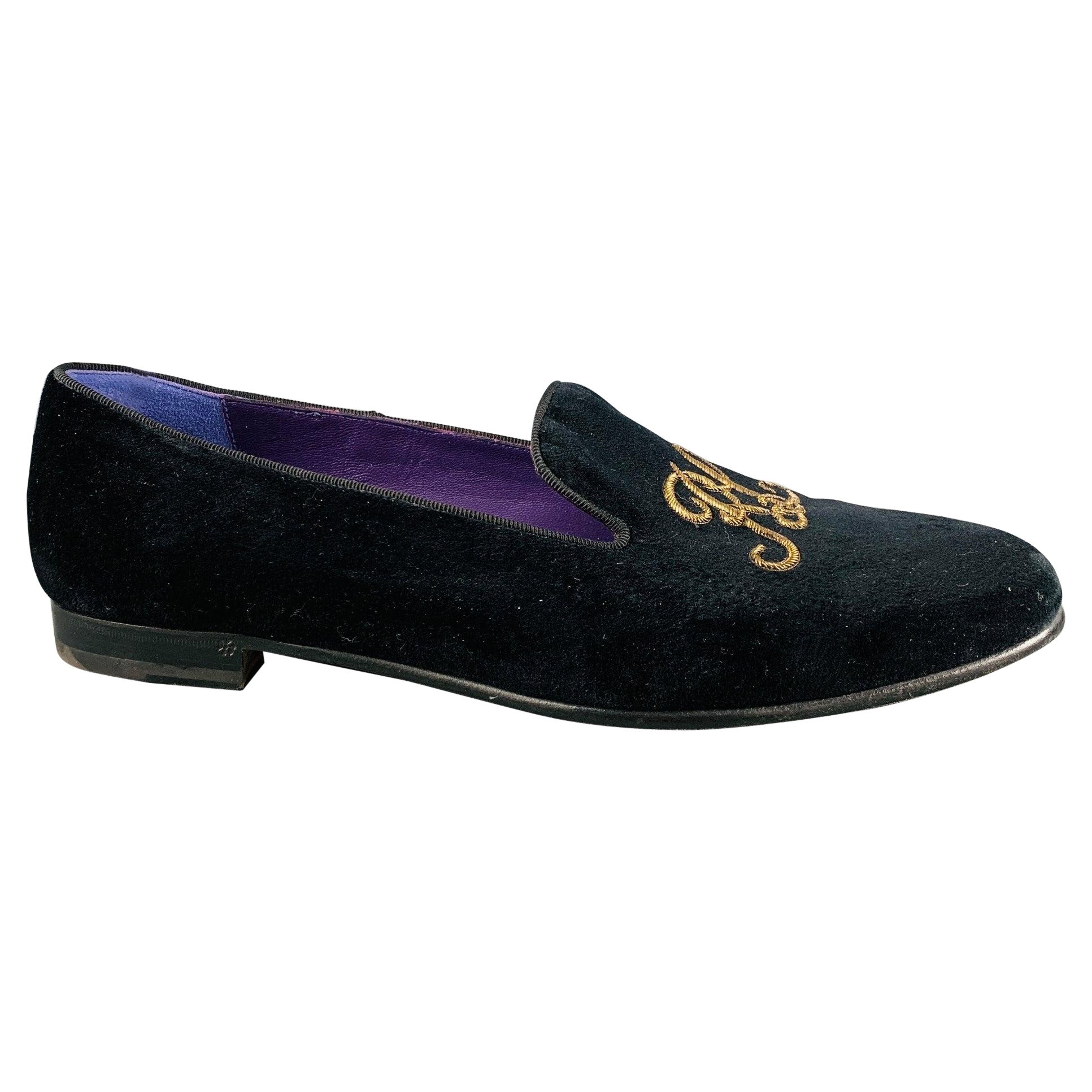 RALPH LAUREN Size 11 Black Gold Velvet Embroidered Loafer Flats For Sale