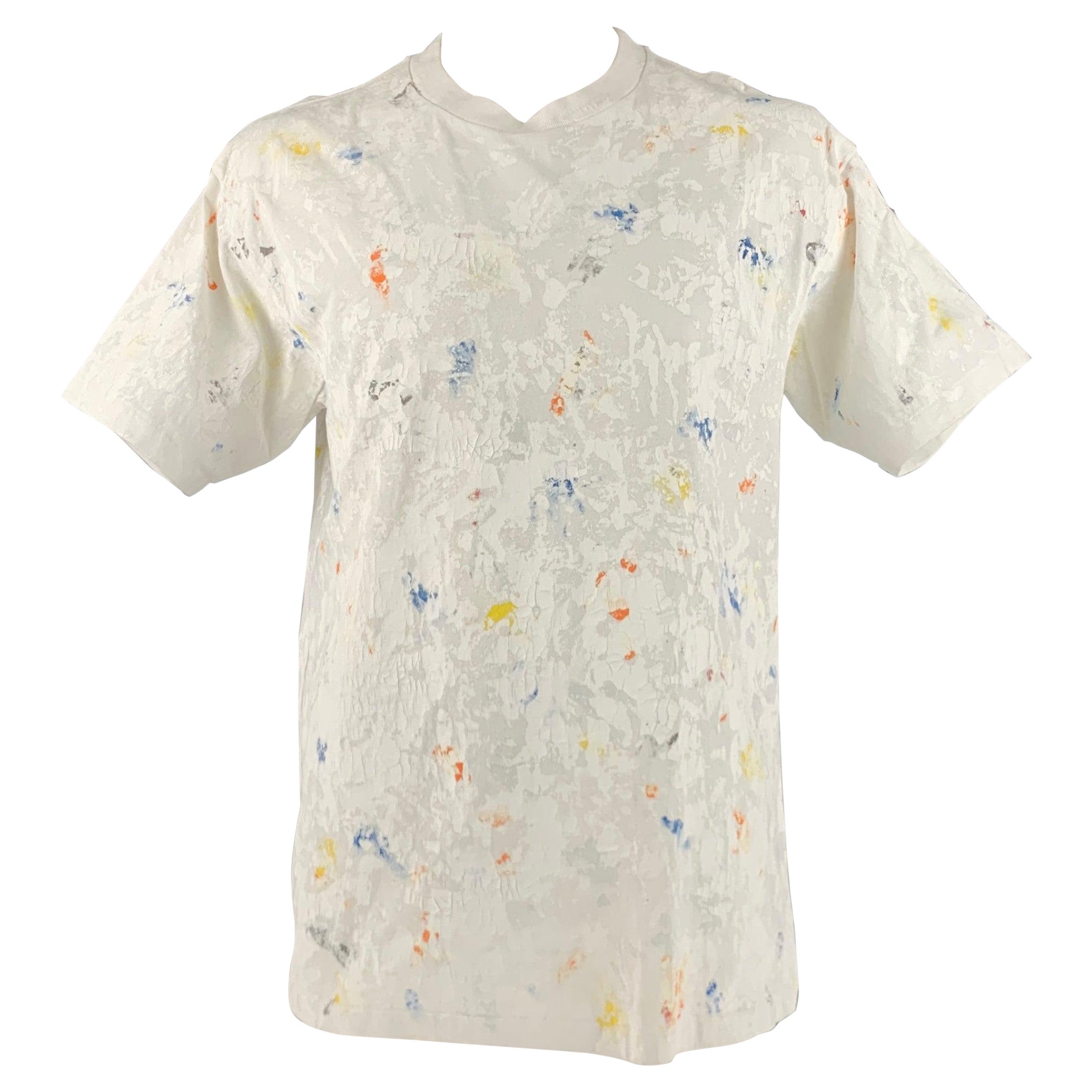 JOHN ELLIOTT Size L White Multi-Color Splattered Cotton Crew-Neck T-shirt For Sale