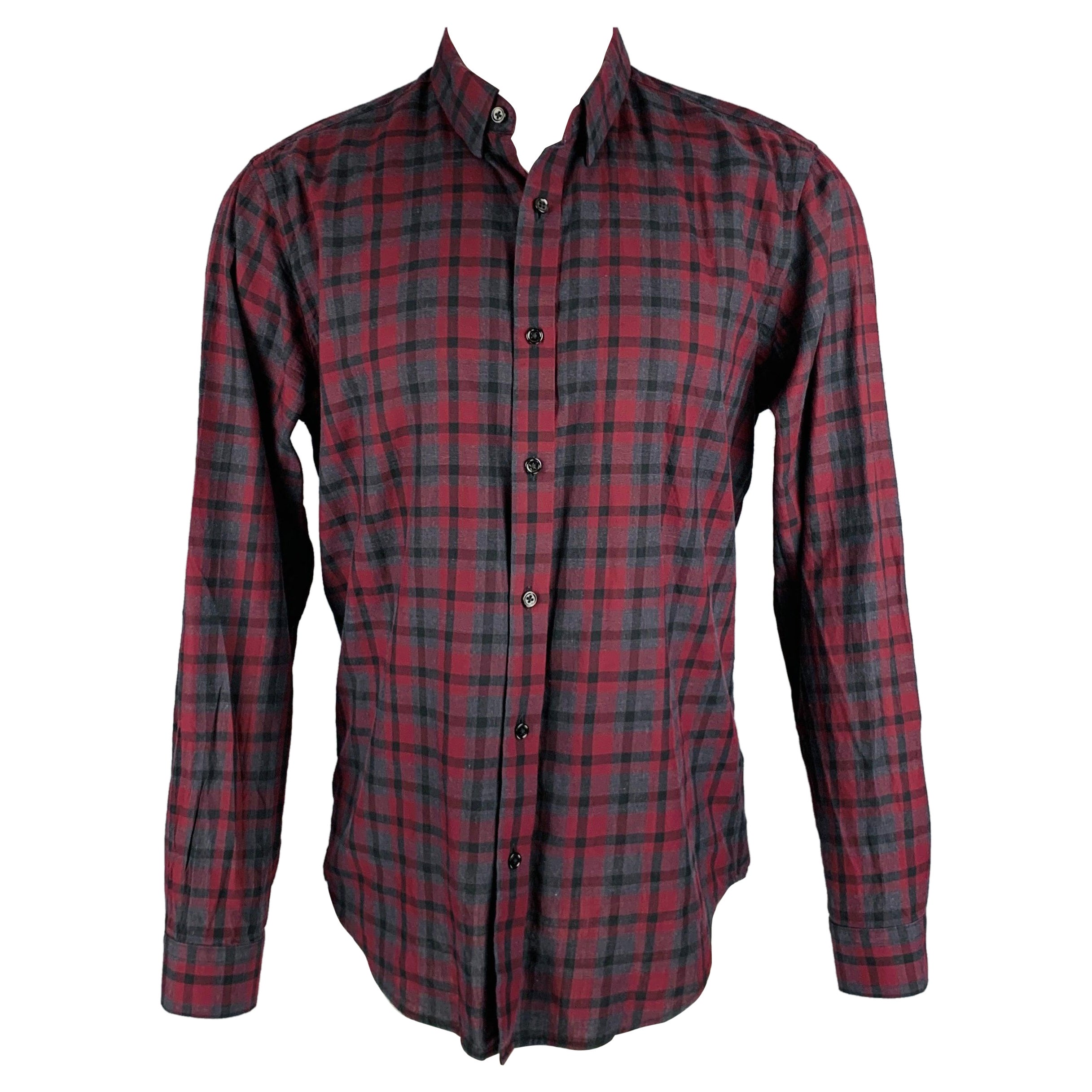 THEORY Size M Burgundy Charcoal Plaid Cotton Button Up Long Sleeve Shirt For Sale