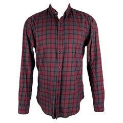 THEORY Size M Burgundy Charcoal Plaid Cotton Button Up Long Sleeve Shirt
