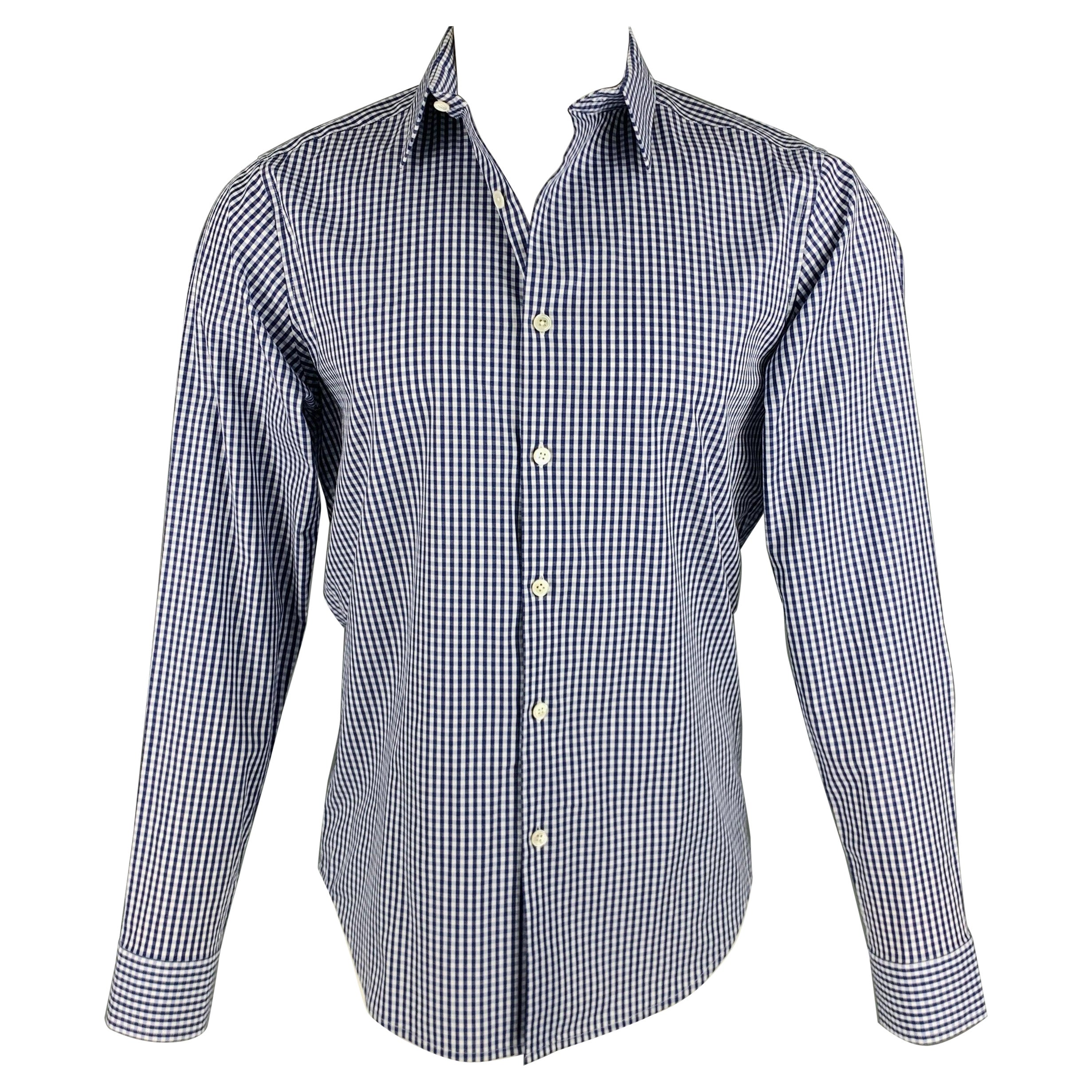 THEORY Size S Navy White Checkered Cotton Button Up Long Sleeve Shirt For Sale