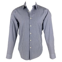 THEORY Size S Navy White Checkered Cotton Button Up Long Sleeve Shirt
