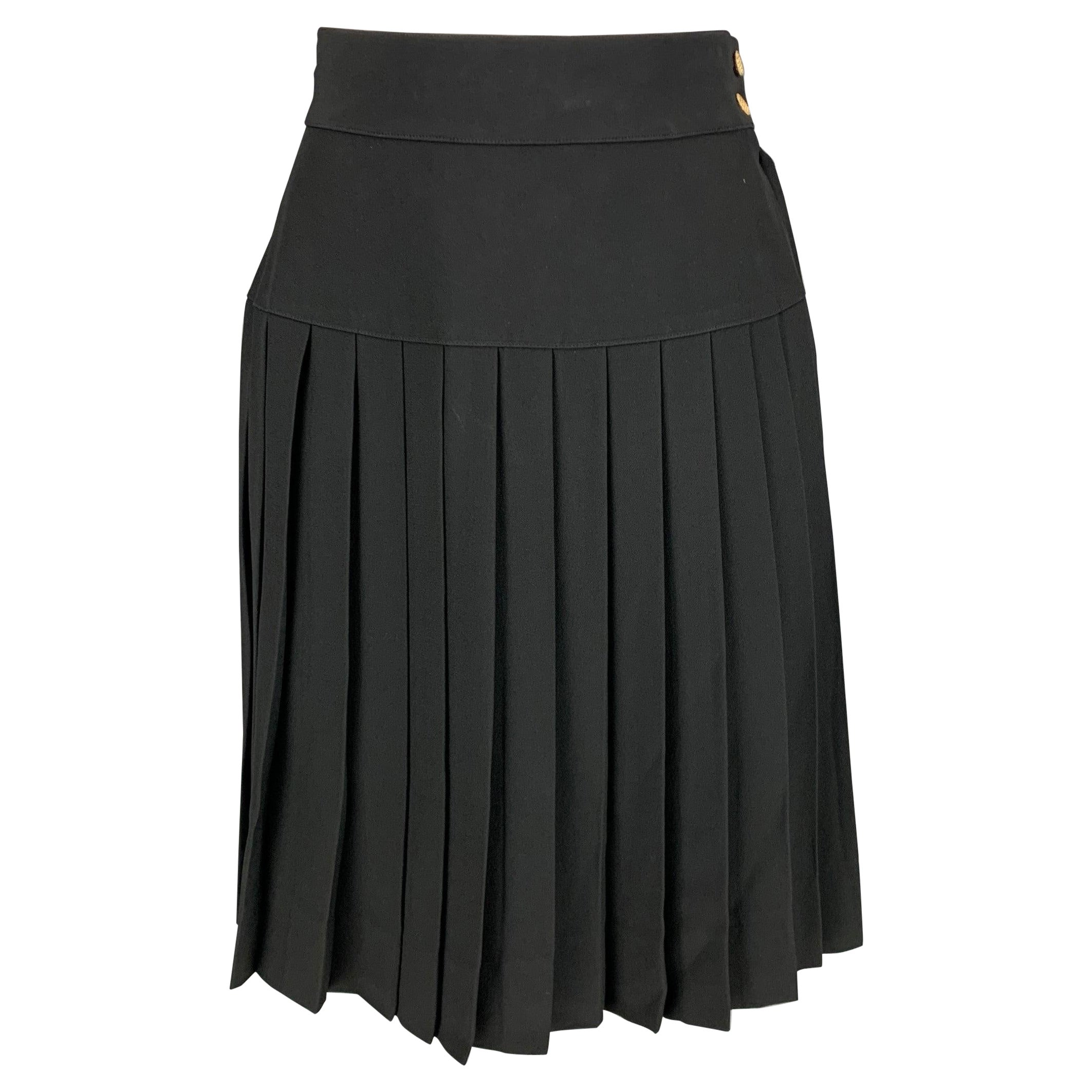 CHANEL Size 6 Black Acetate Rayon Pleated Below Knee Skirt For Sale