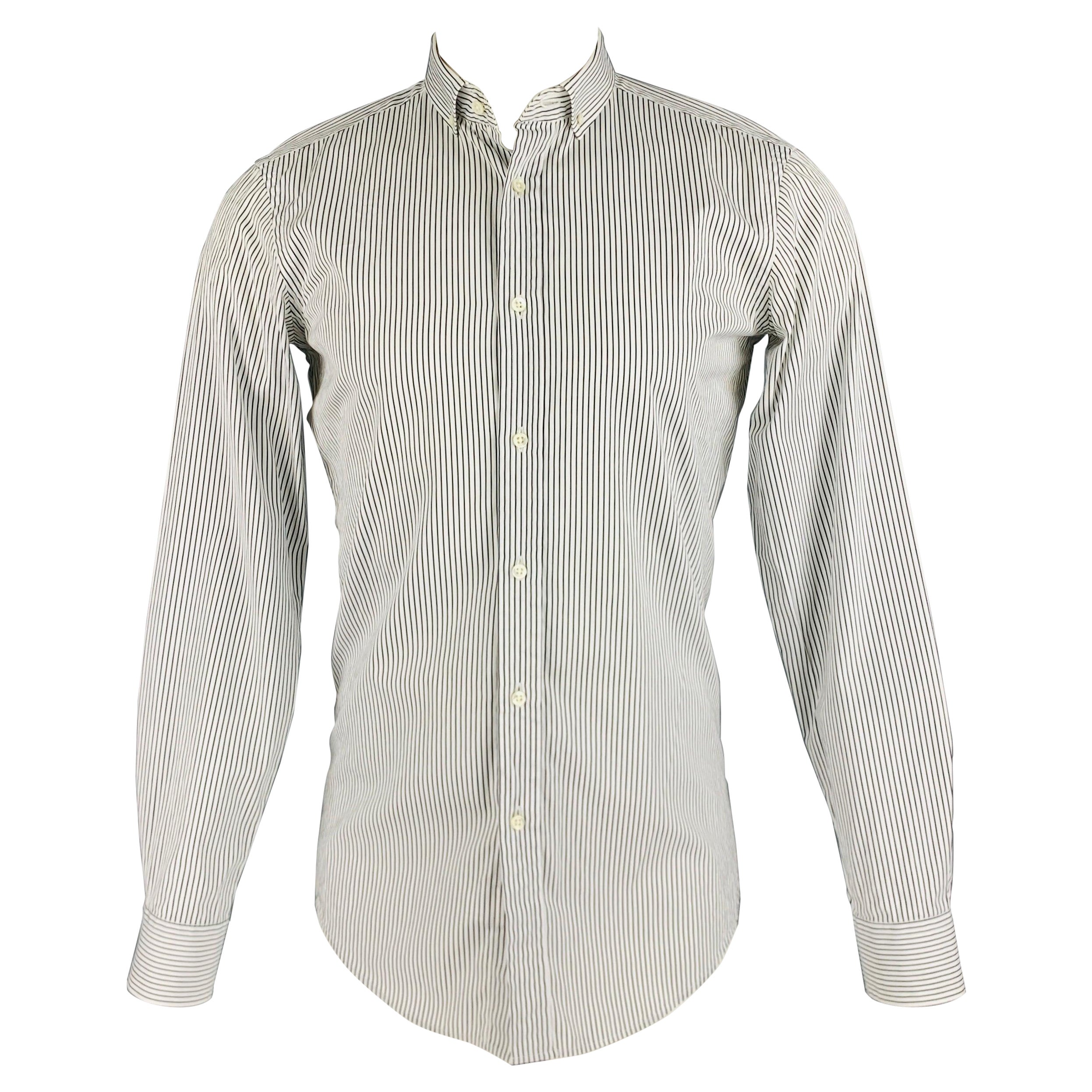 Chemise à manches longues Ralph Lauren à rayures noires et blanches et boutons en coton en vente