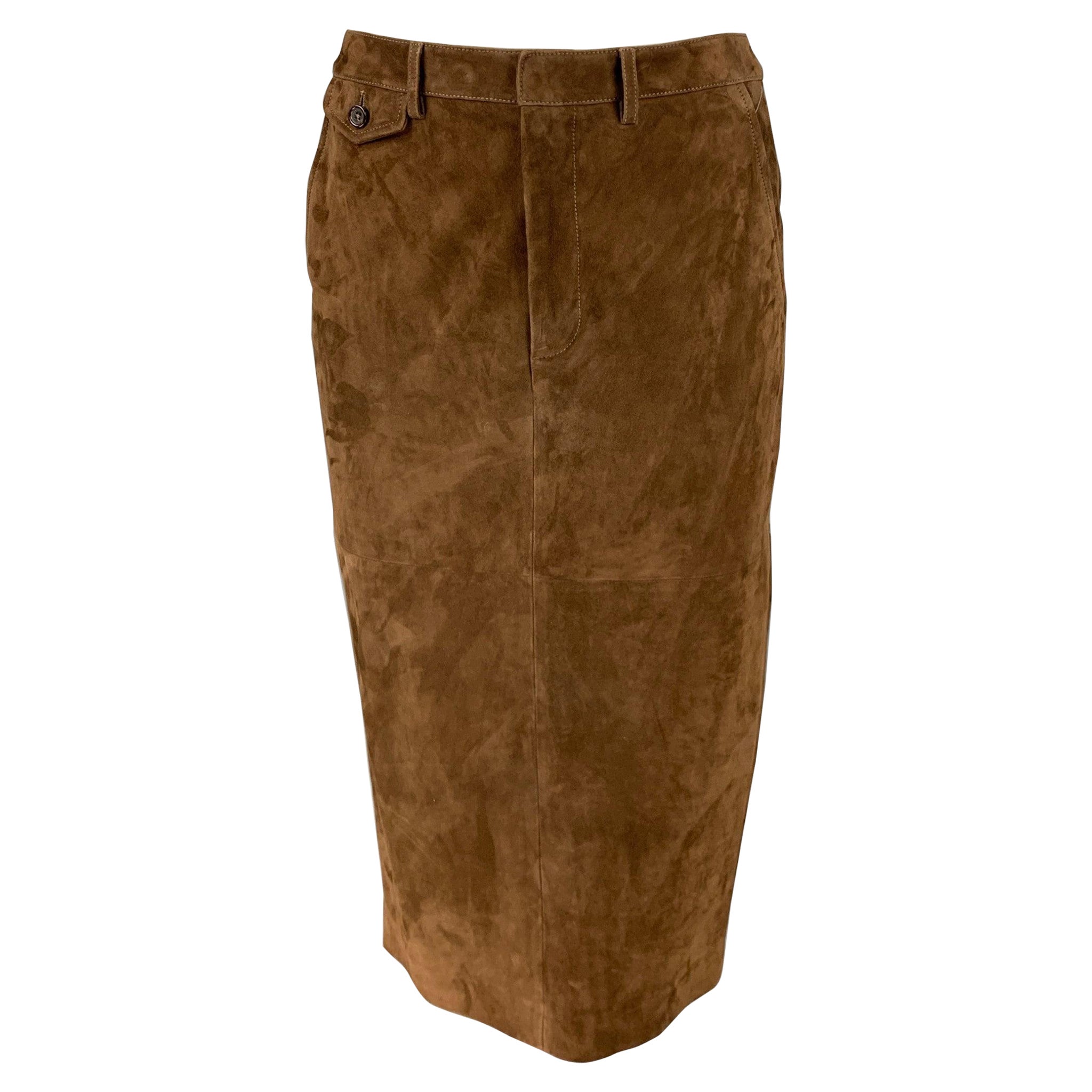 RALPH LAUREN COLLECTION Size 8 Brown Suede Pencil Mid-Calf Skirt For Sale