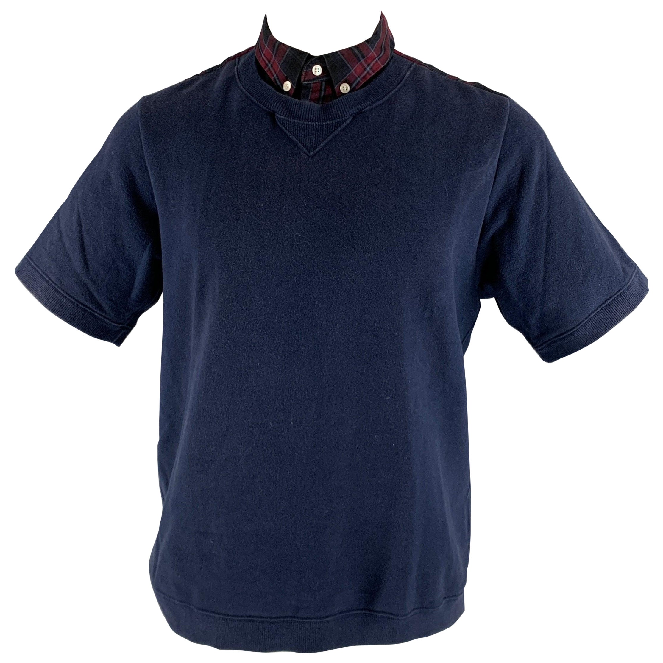 SACAI Size M Navy Burgundy Mixed Fabrics Cotton Short Sleeve Sweatshirt For Sale